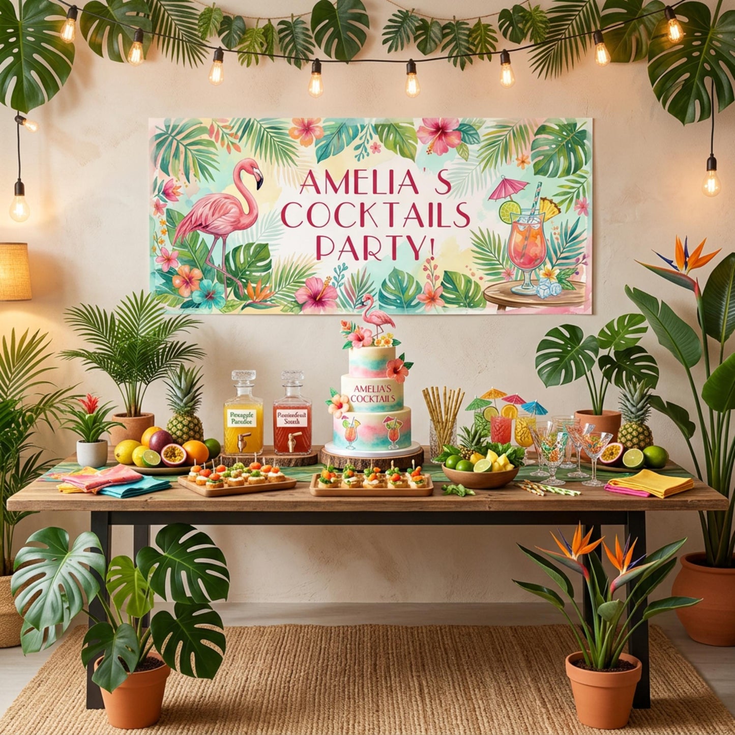 Personalised Tropical Birthday Banner, Cocktail Party Backdrop, Summer Milestone Wall Sign