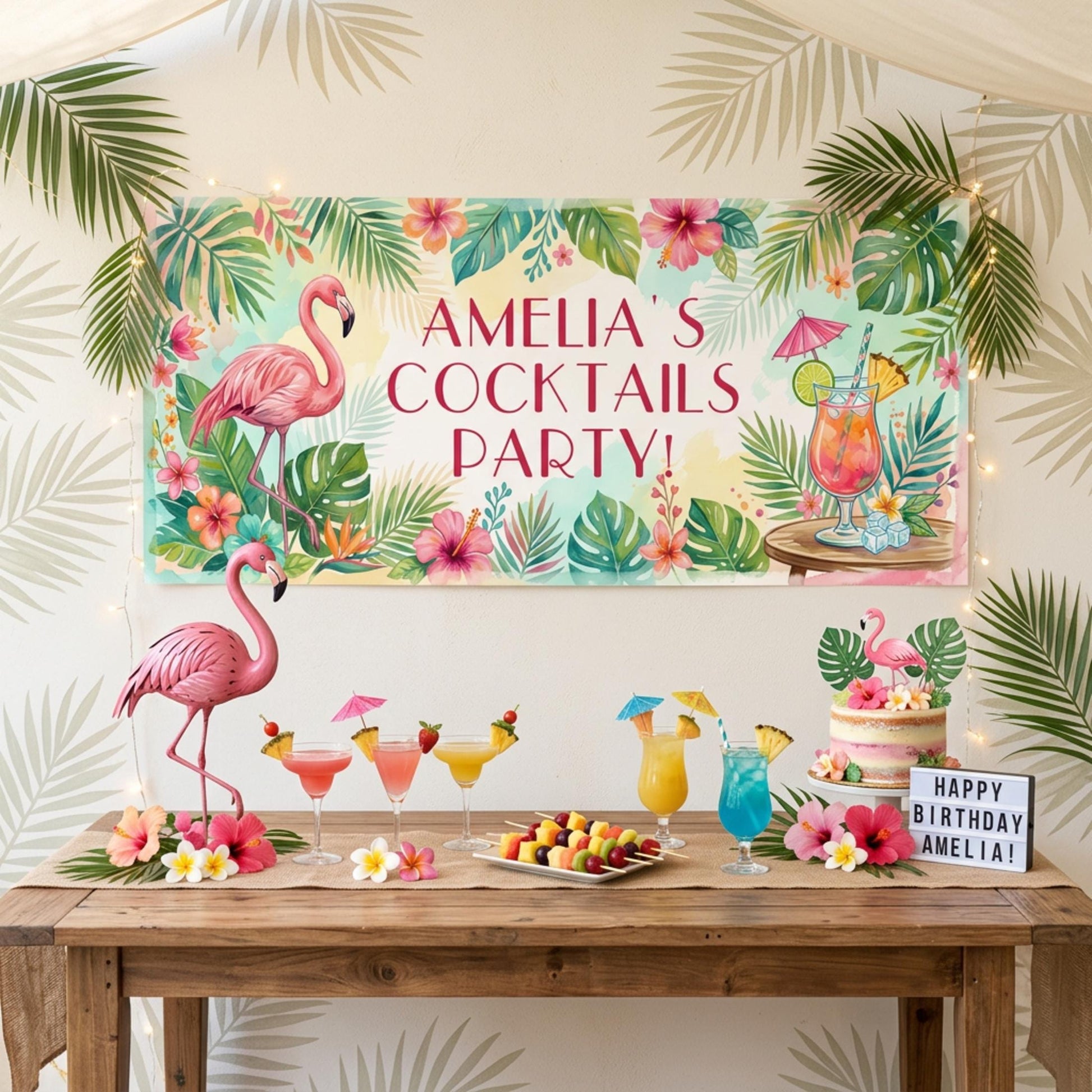Personalised Tropical Birthday Banner, Cocktail Party Backdrop, Summer Milestone Wall Sign