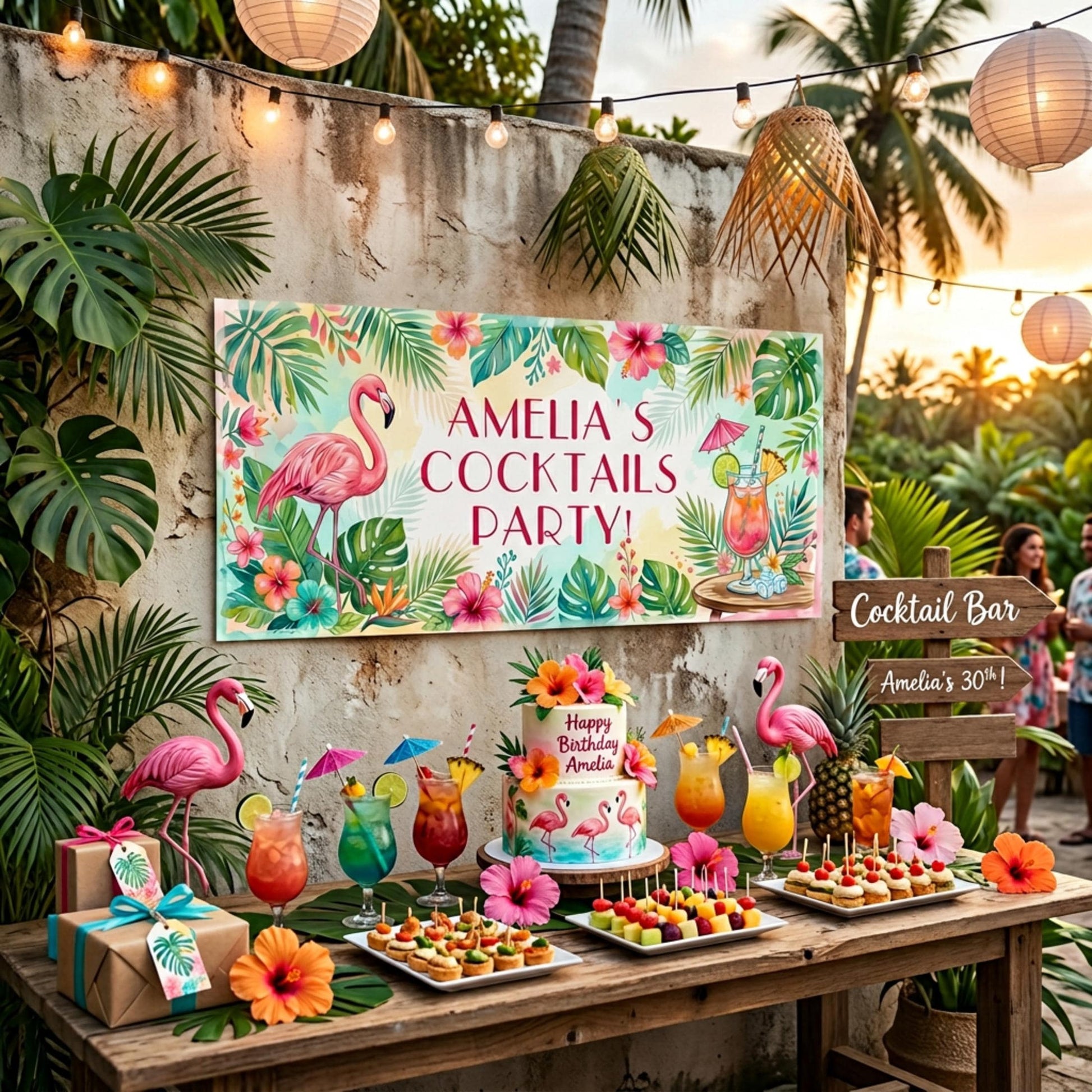 Personalised Tropical Birthday Banner, Cocktail Party Backdrop, Summer Milestone Wall Sign
