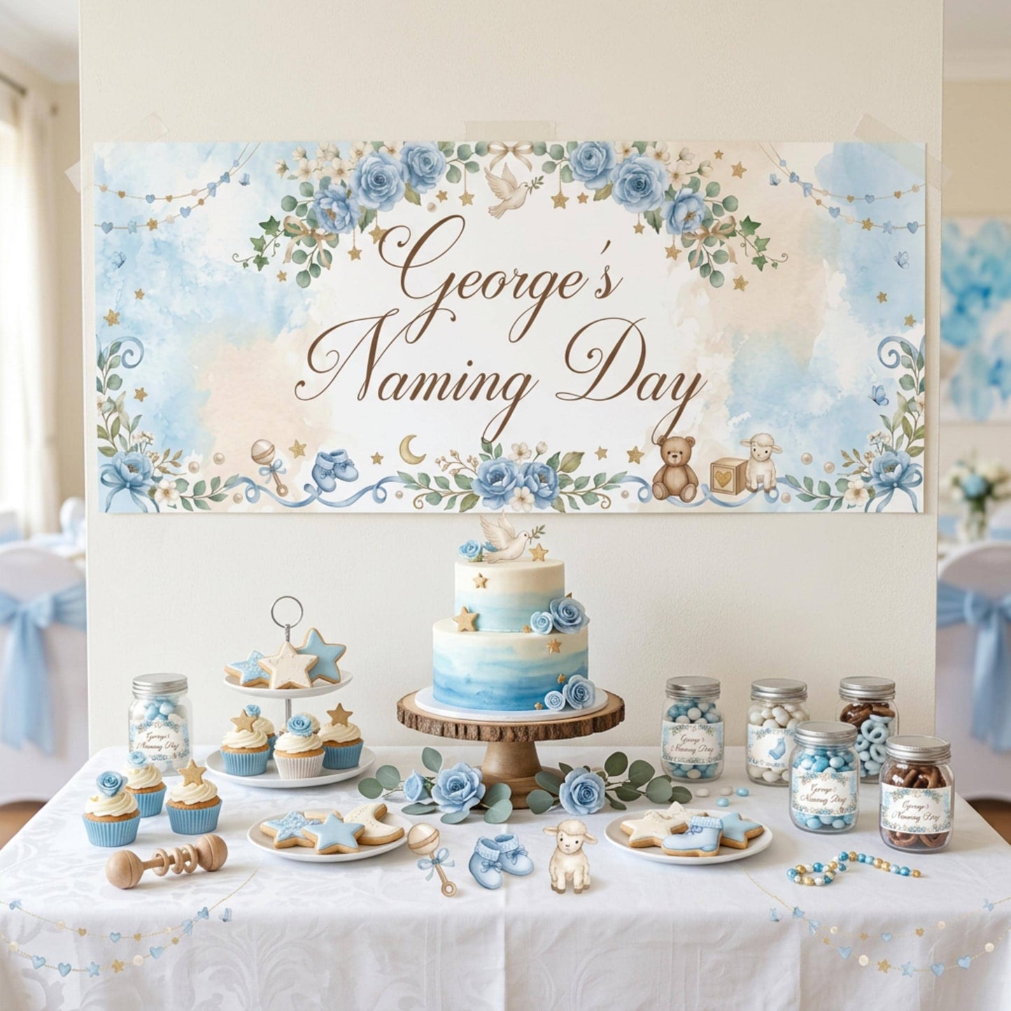 Personalised Naming Day Banner, Blue Floral Party Backdrop, Boys Christening Wall Sign
