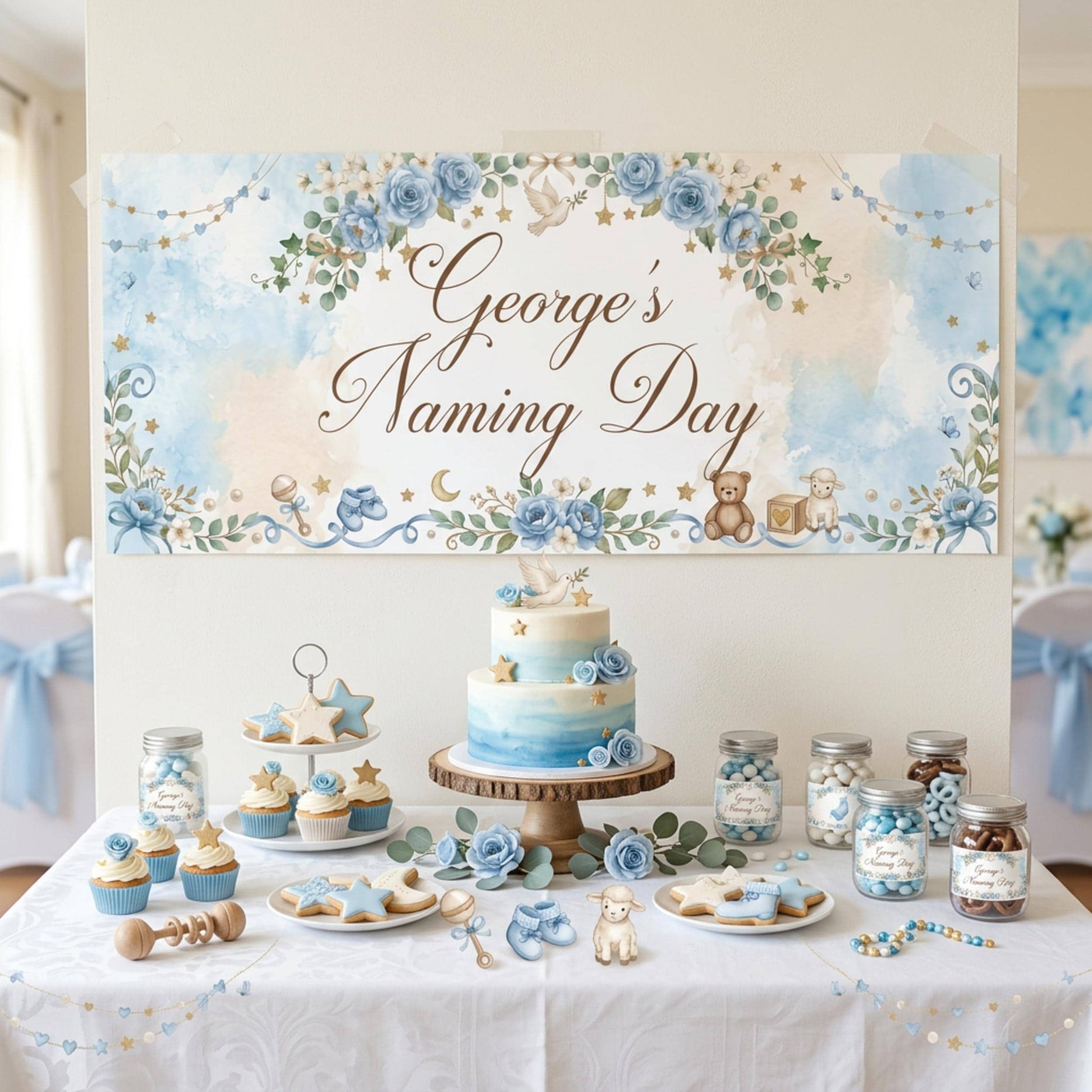 Personalised Naming Day Banner, Blue Floral Party Backdrop, Boys Christening Wall Sign