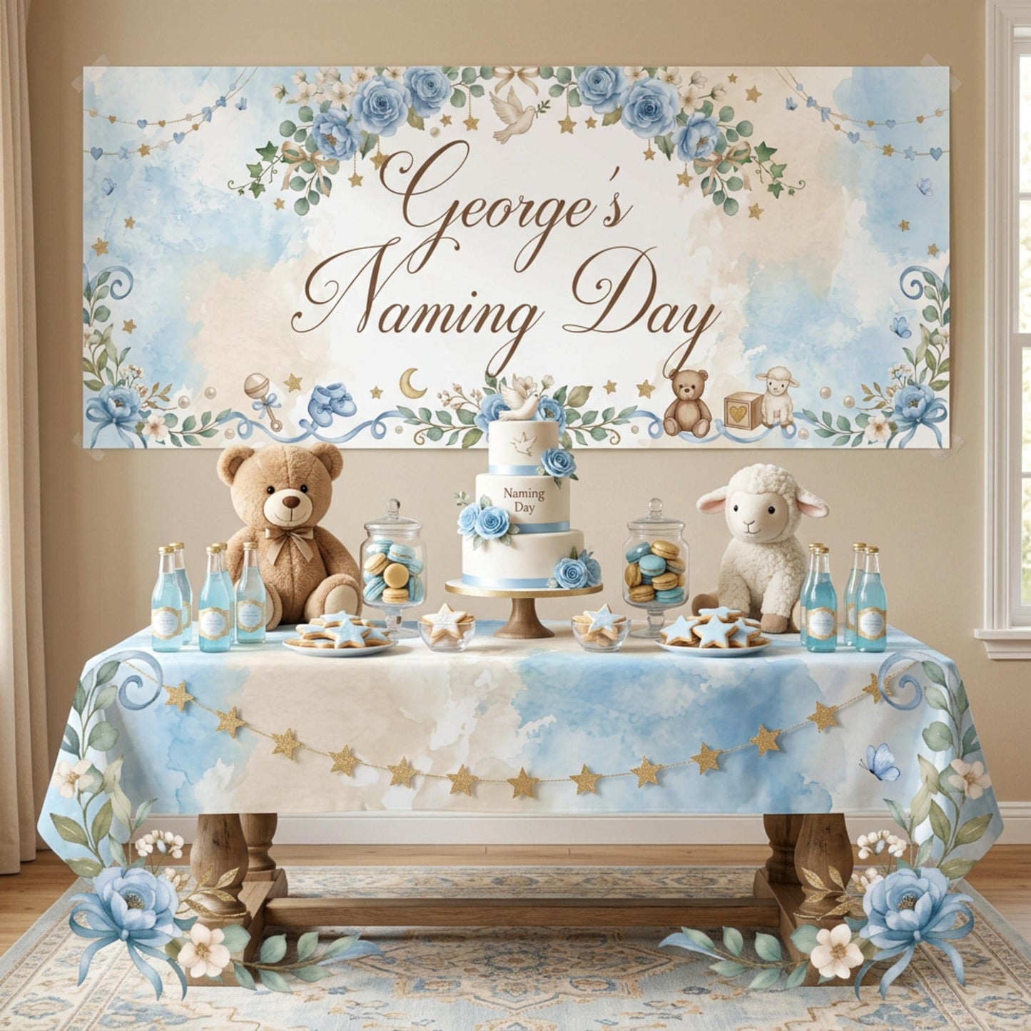 Personalised Naming Day Banner, Blue Floral Party Backdrop, Boys Christening Wall Sign