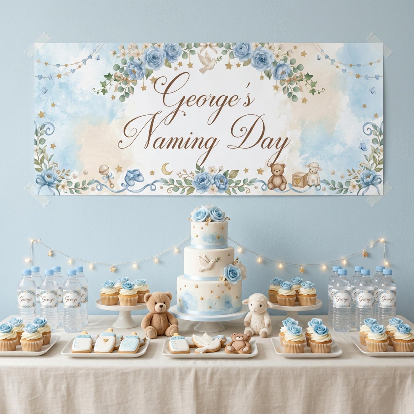 Personalised Naming Day Banner, Blue Floral Party Backdrop, Boys Christening Wall Sign