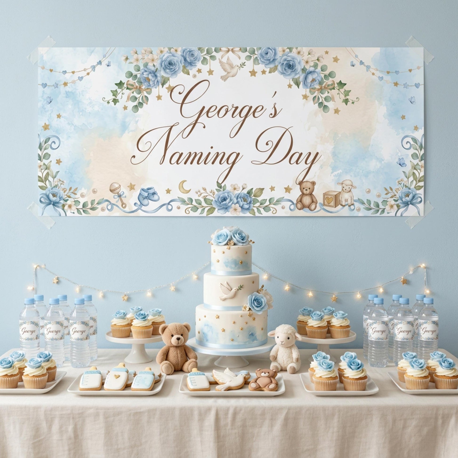 Personalised Naming Day Banner, Blue Floral Party Backdrop, Boys Christening Wall Sign