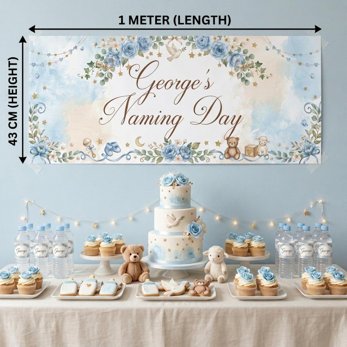 Personalised Naming Day Banner, Blue Floral Party Backdrop, Boys Christening Wall Sign