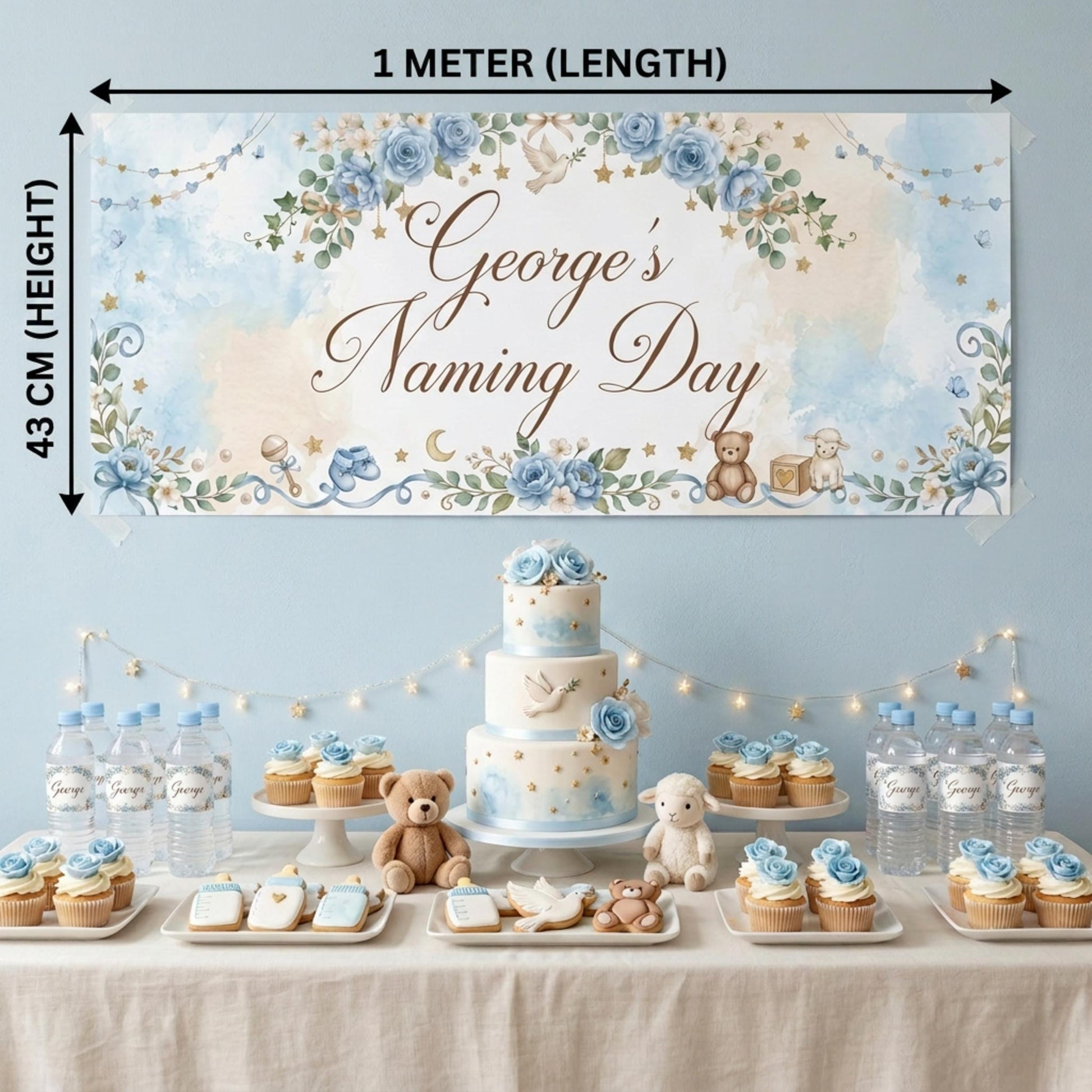 Personalised Naming Day Banner, Blue Floral Party Backdrop, Boys Christening Wall Sign