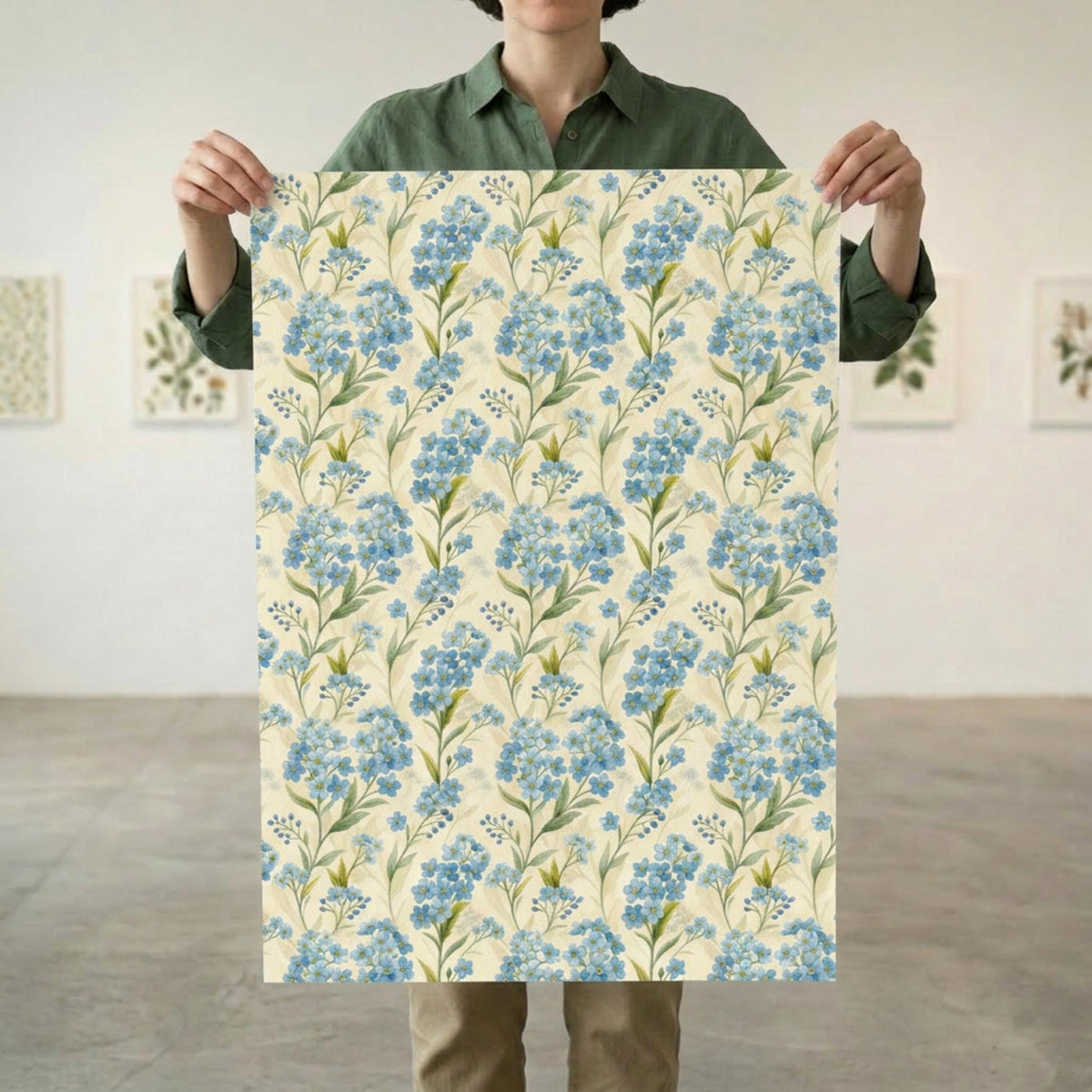 Forget Me Not Gift Wrap, Vintage Blue Floral Wrapping Paper, Large Size