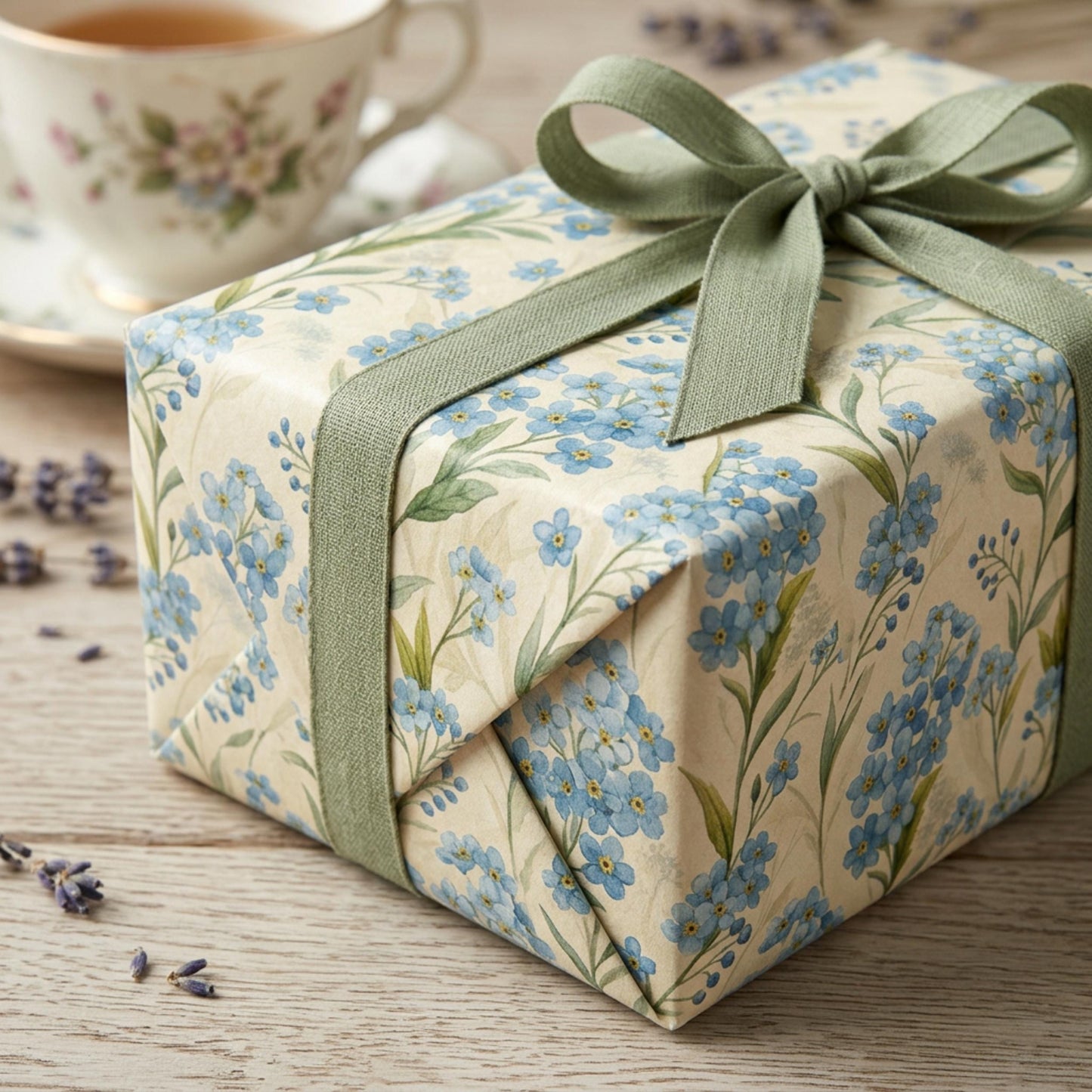 Forget Me Not Gift Wrap, Vintage Blue Floral Wrapping Paper, Large Size