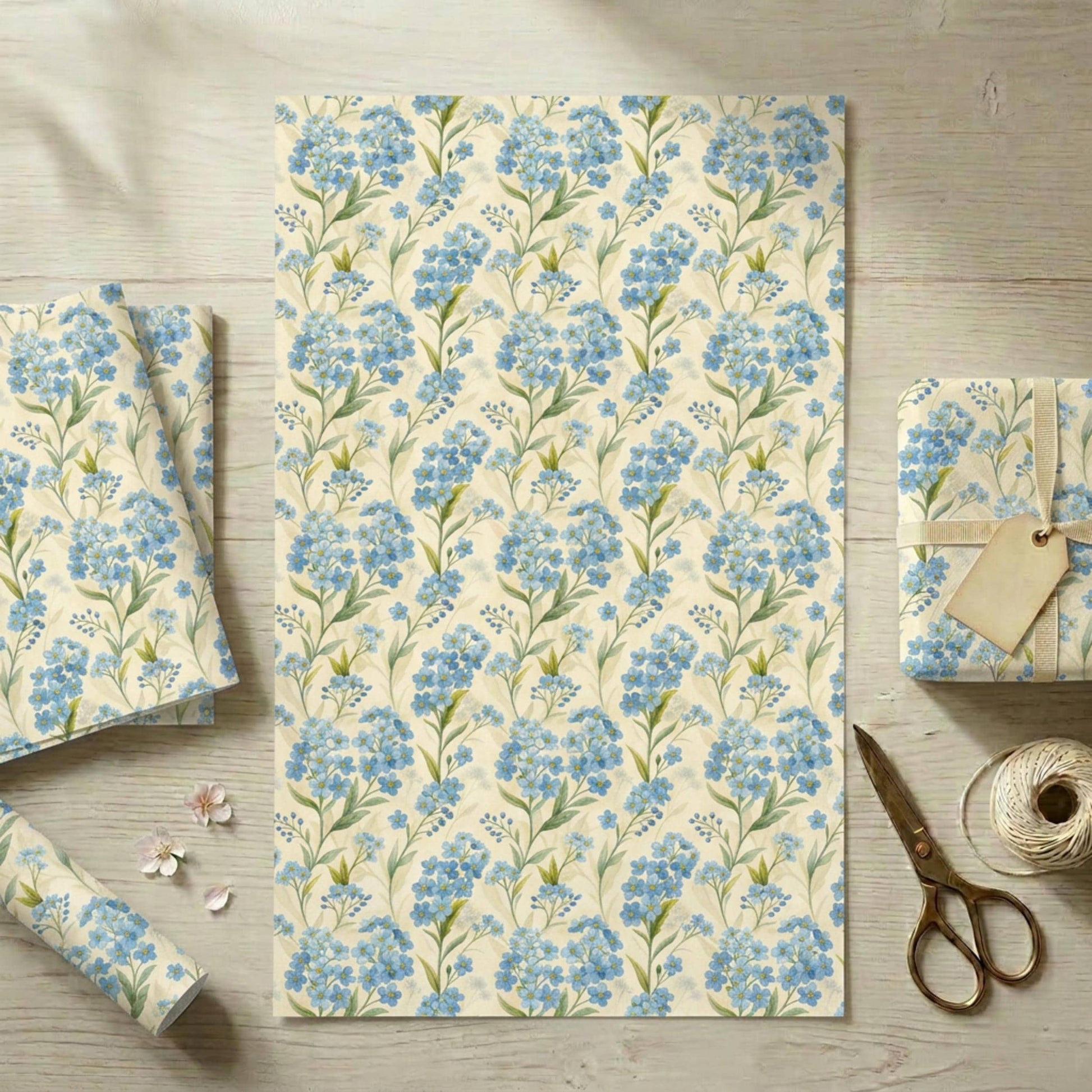 Forget Me Not Gift Wrap, Vintage Blue Floral Wrapping Paper, Large Size
