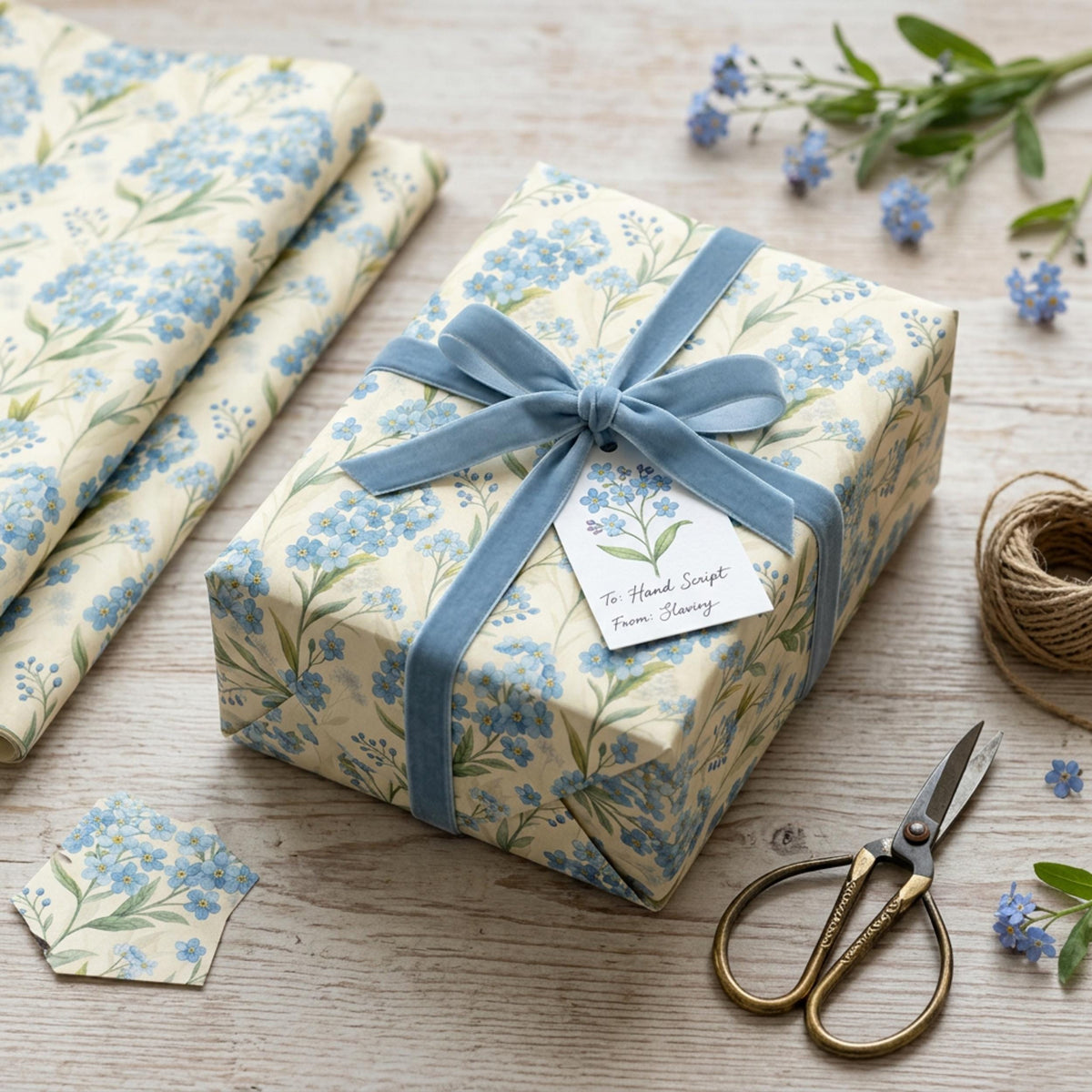 Forget Me Not Gift Wrap, Vintage Blue Floral Wrapping Paper, Large Size