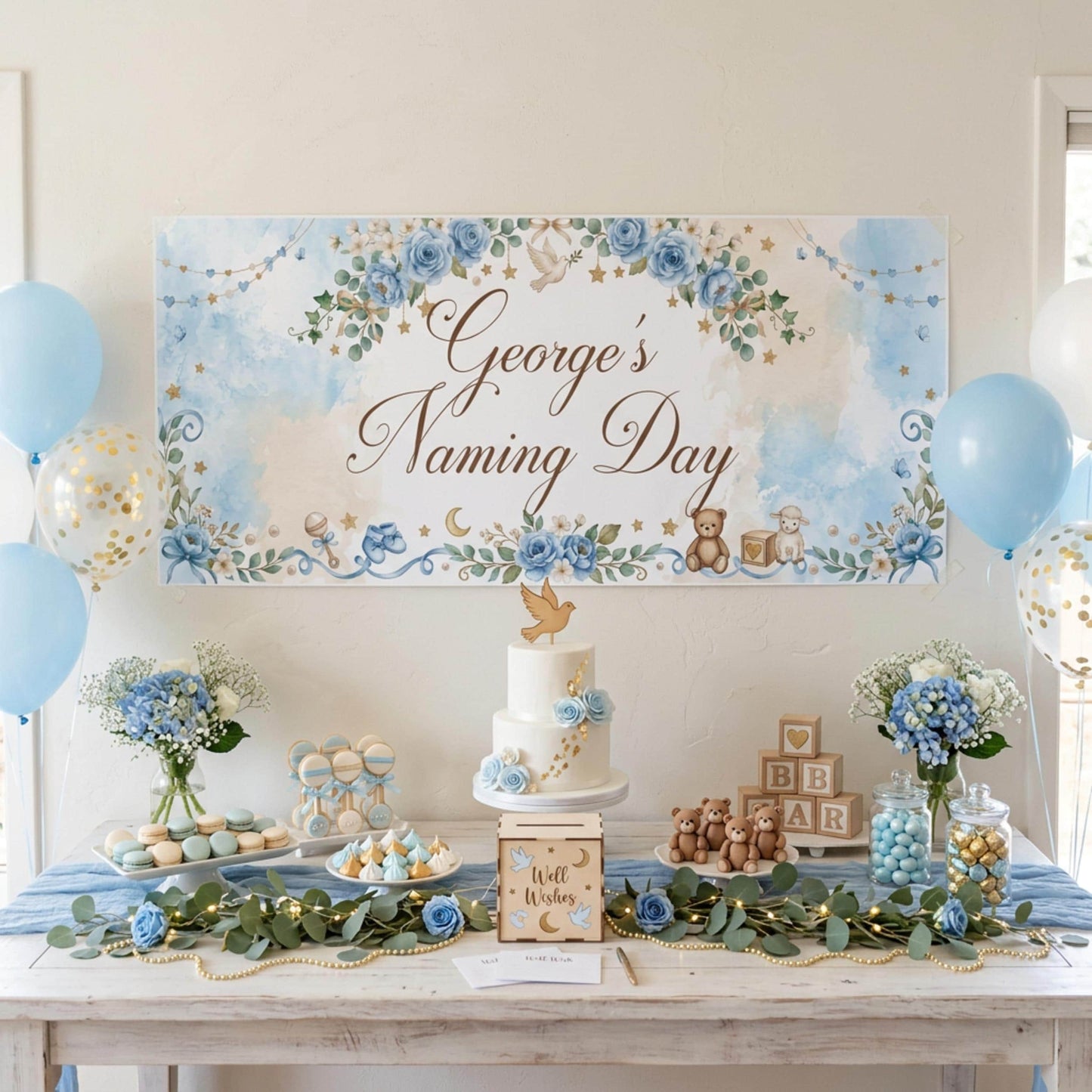 Personalised Naming Day Banner, Blue Floral Party Backdrop, Boys Christening Wall Sign