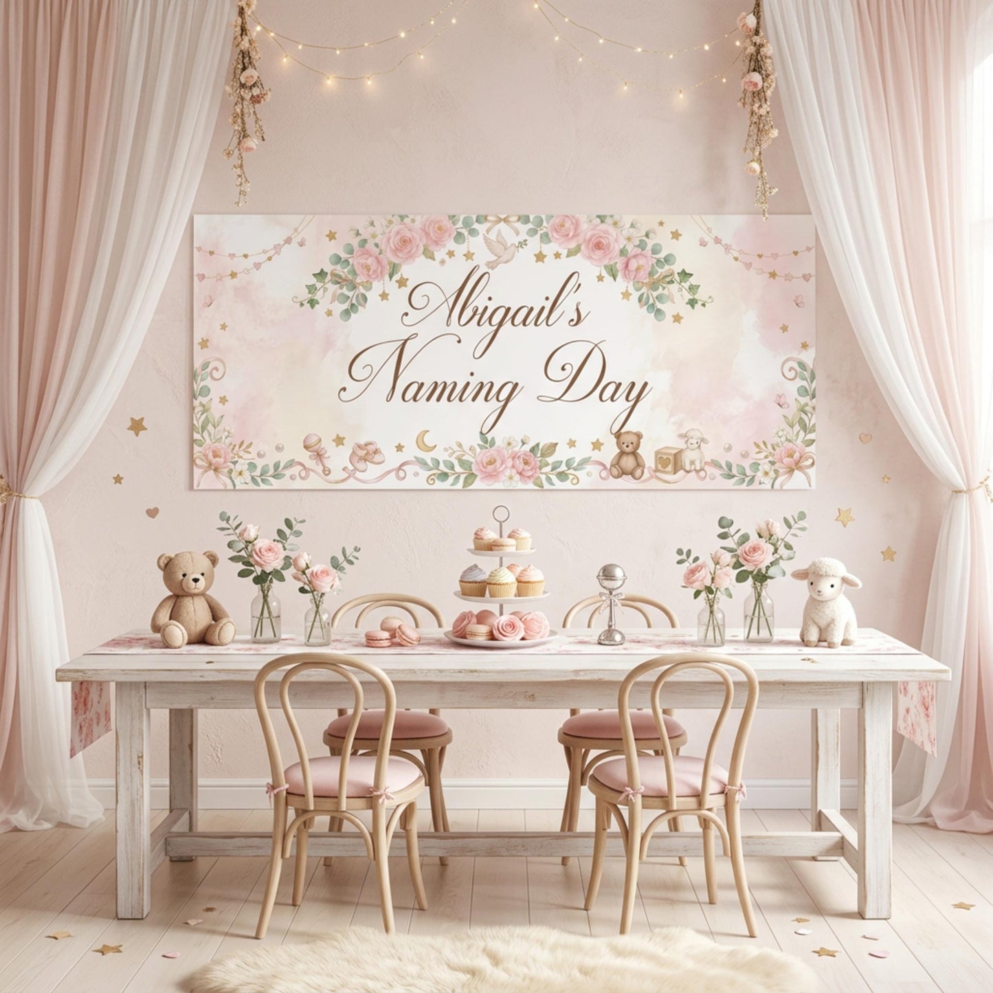 Personalised Girl Naming Day Banner, Blue Floral Party Backdrop, Christening Wall Sign