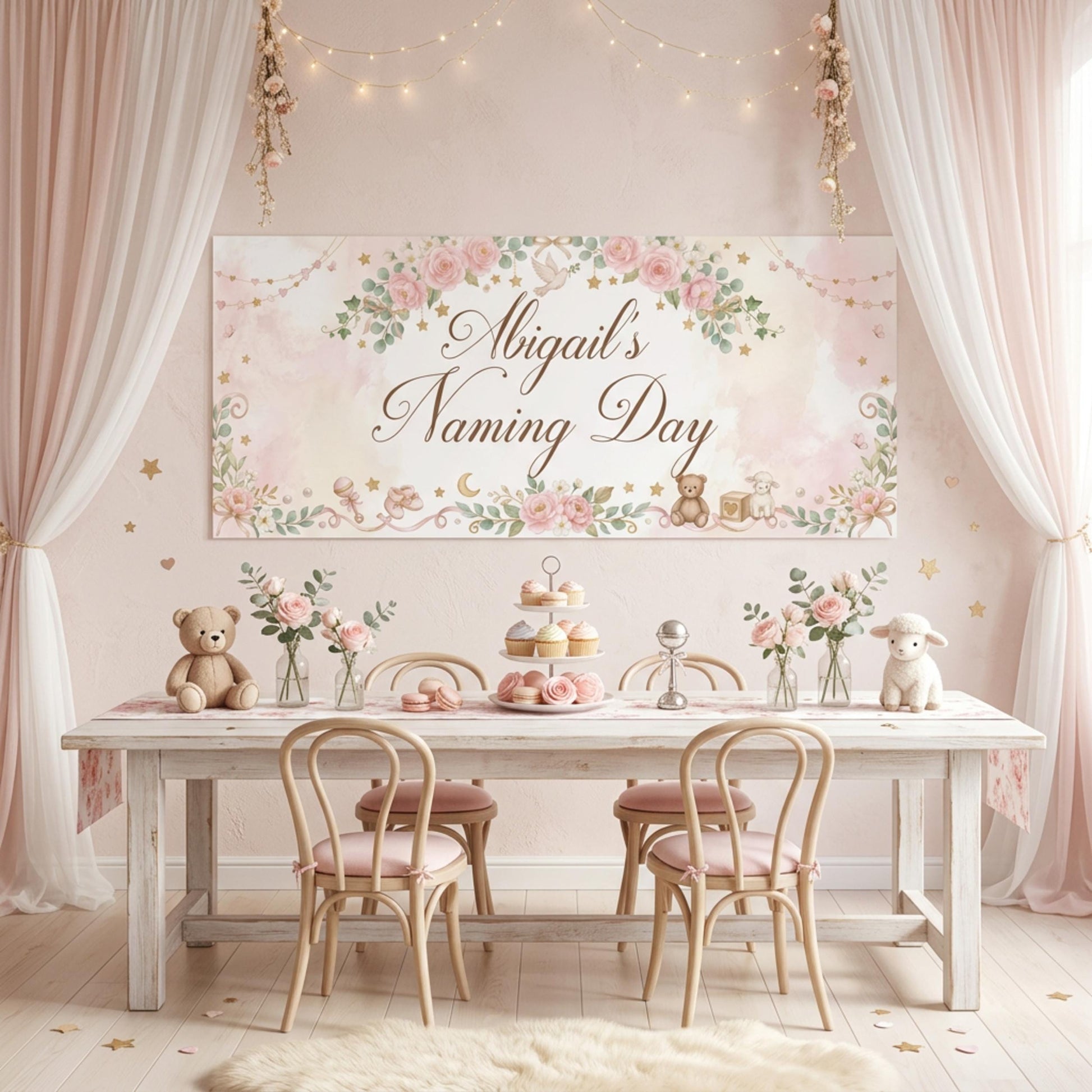 Personalised Girl Naming Day Banner, Blue Floral Party Backdrop, Christening Wall Sign