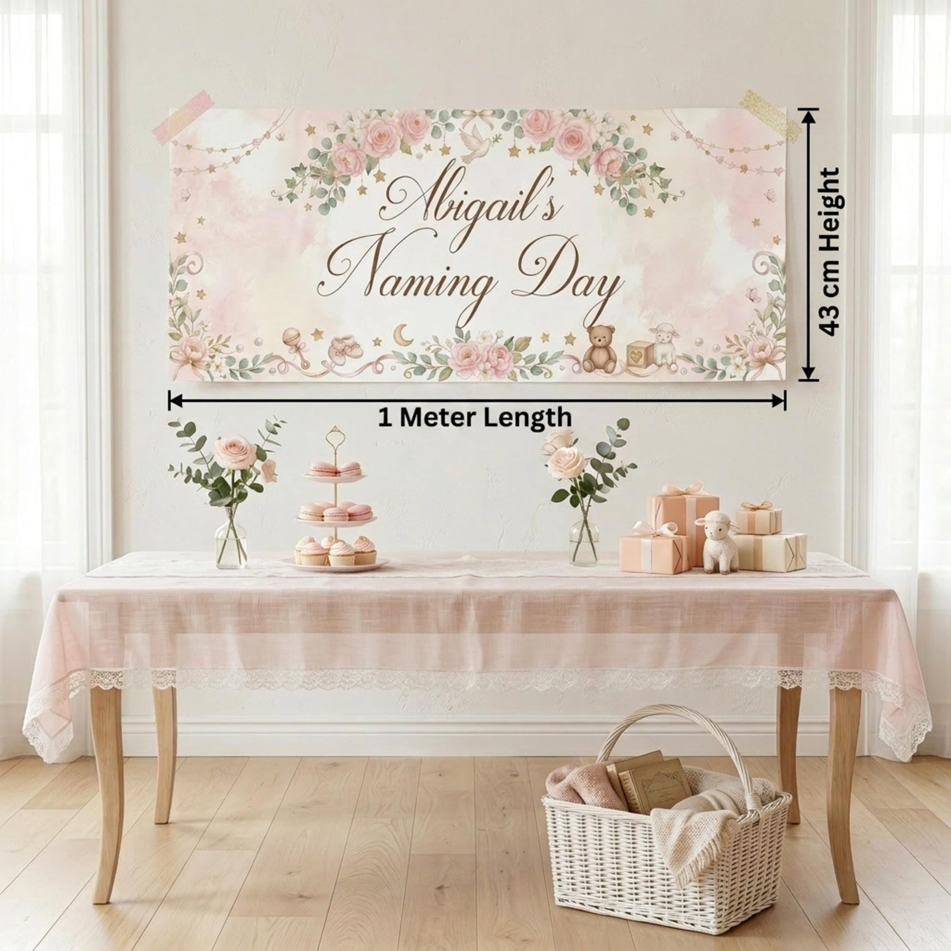 Personalised Girl Naming Day Banner, Blue Floral Party Backdrop, Christening Wall Sign