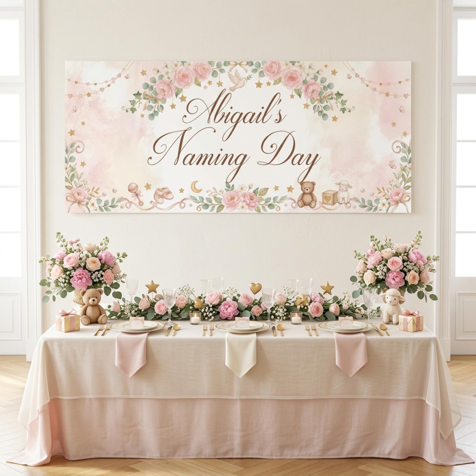Personalised Girl Naming Day Banner, Blue Floral Party Backdrop, Christening Wall Sign