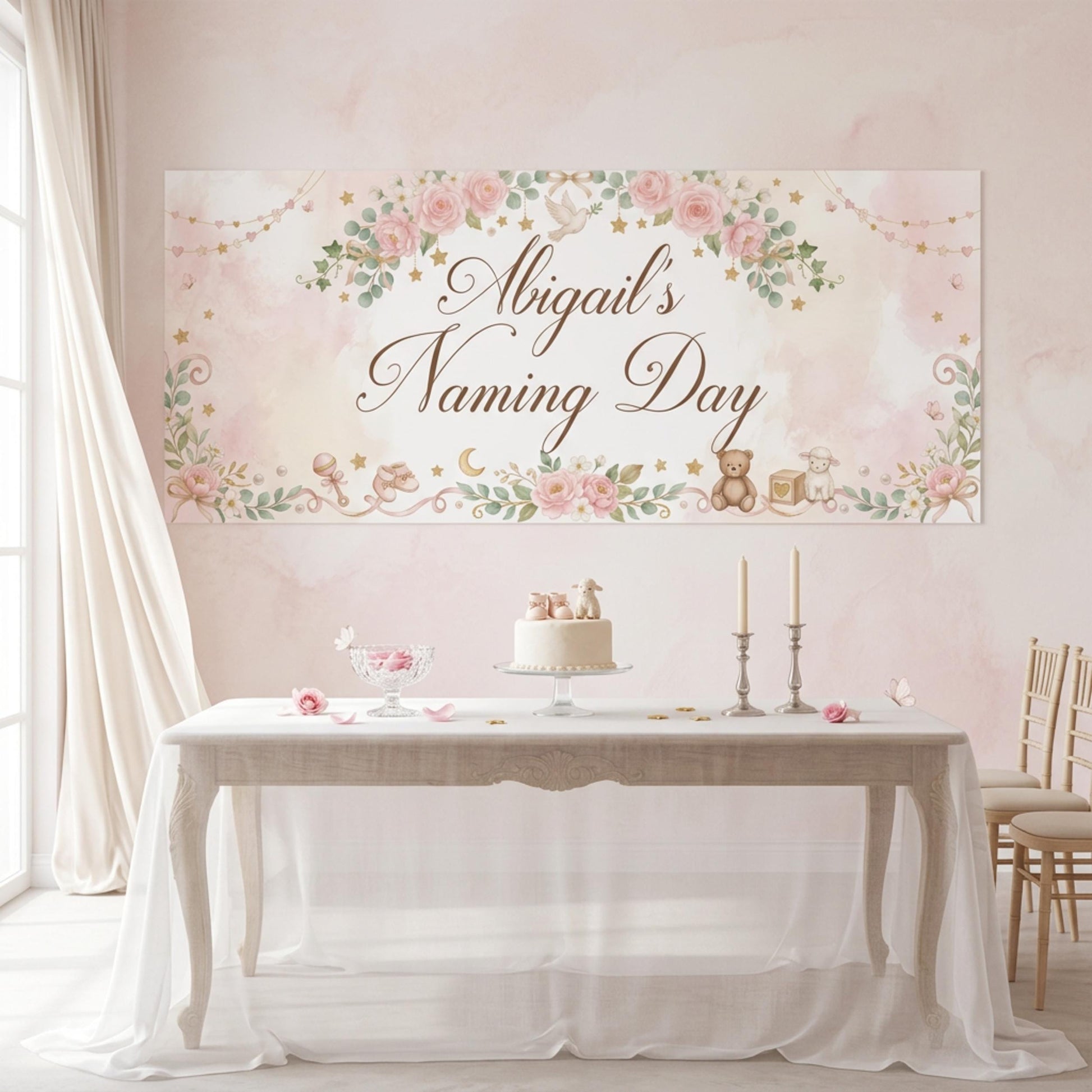 Personalised Girl Naming Day Banner, Blue Floral Party Backdrop, Christening Wall Sign