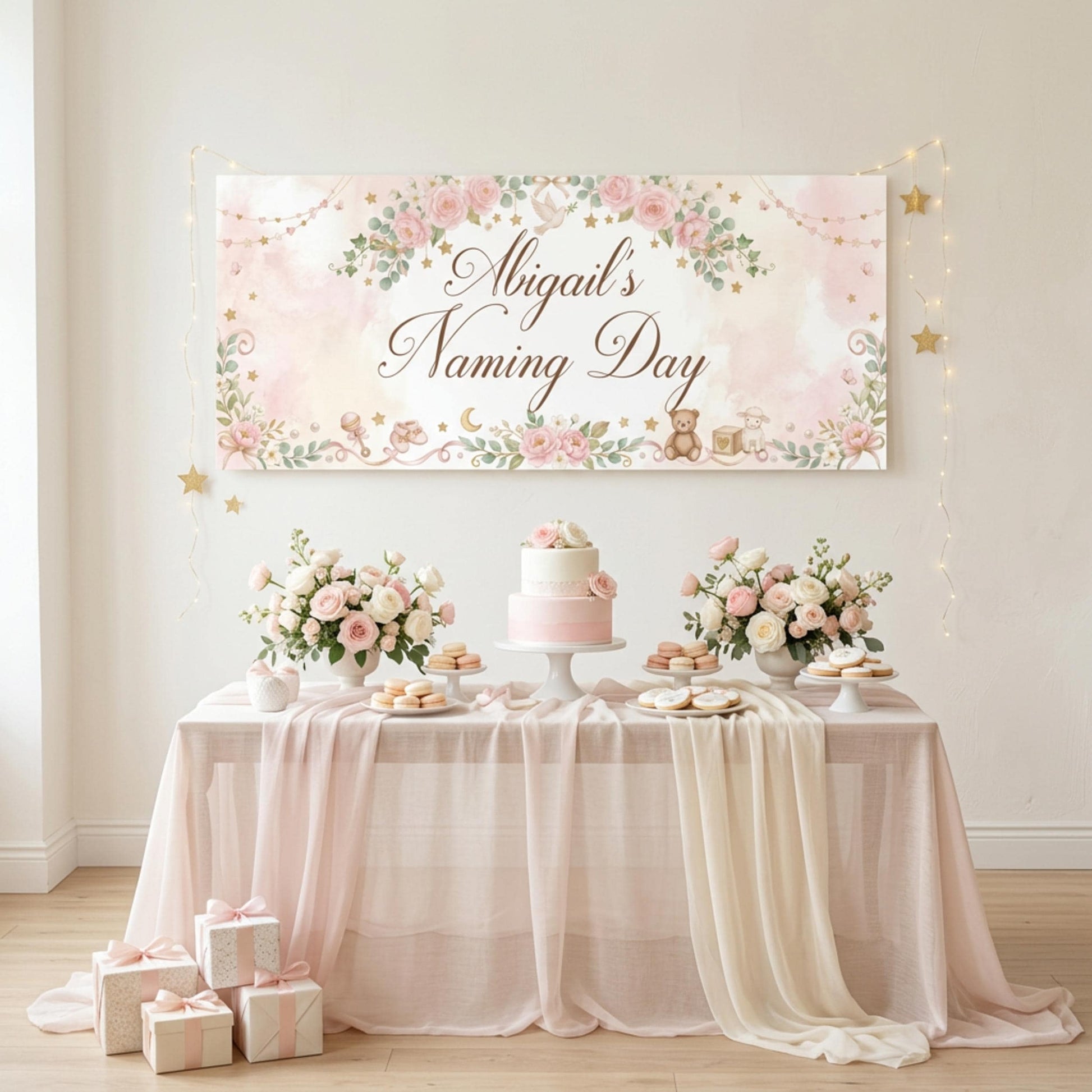 Personalised Girl Naming Day Banner, Blue Floral Party Backdrop, Christening Wall Sign