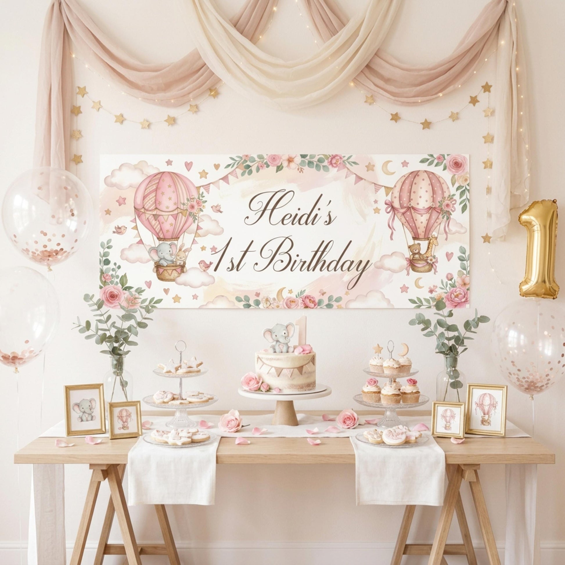 Personalised 1st Birthday Banner, Pink Hot Air Balloons, Girls Party Wall Sign