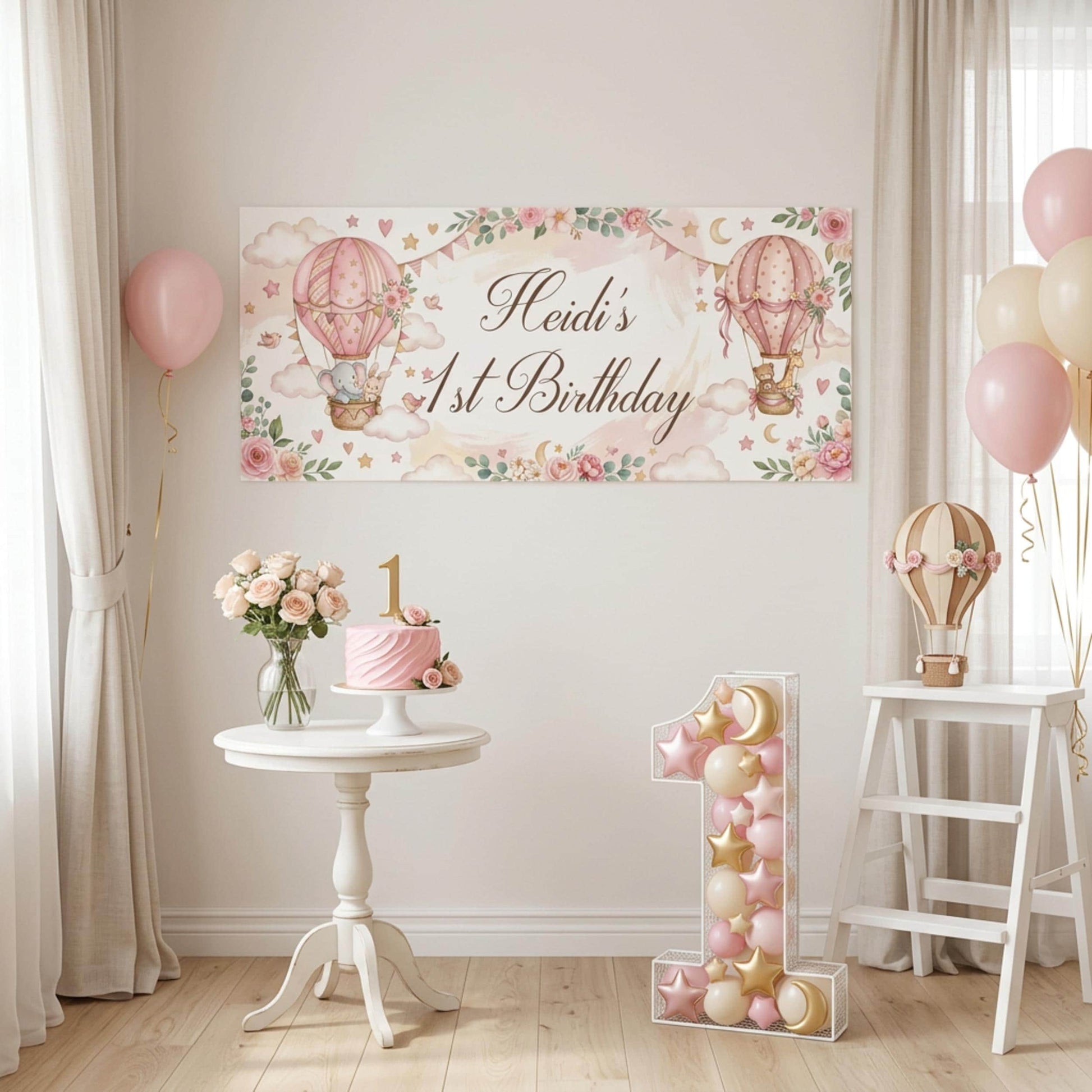Personalised 1st Birthday Banner, Pink Hot Air Balloons, Girls Party Wall Sign