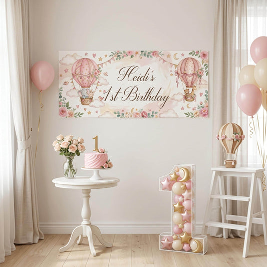 Personalised 1st Birthday Banner, Pink Hot Air Balloons, Girls Party Wall Sign
