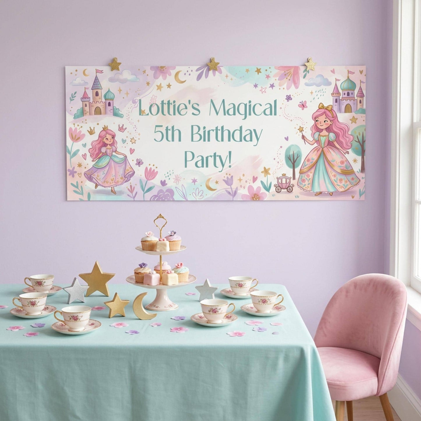 Personalised Pink Princess Birthday Banner, Fairytale Party Backdrop