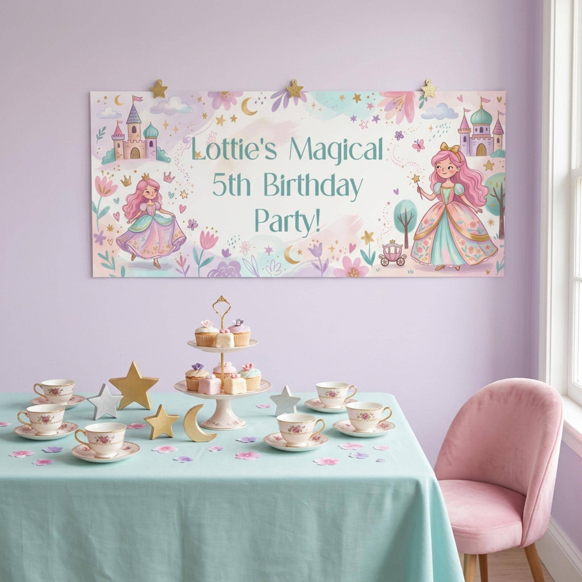 Personalised Pink Princess Birthday Banner, Fairytale Party Backdrop