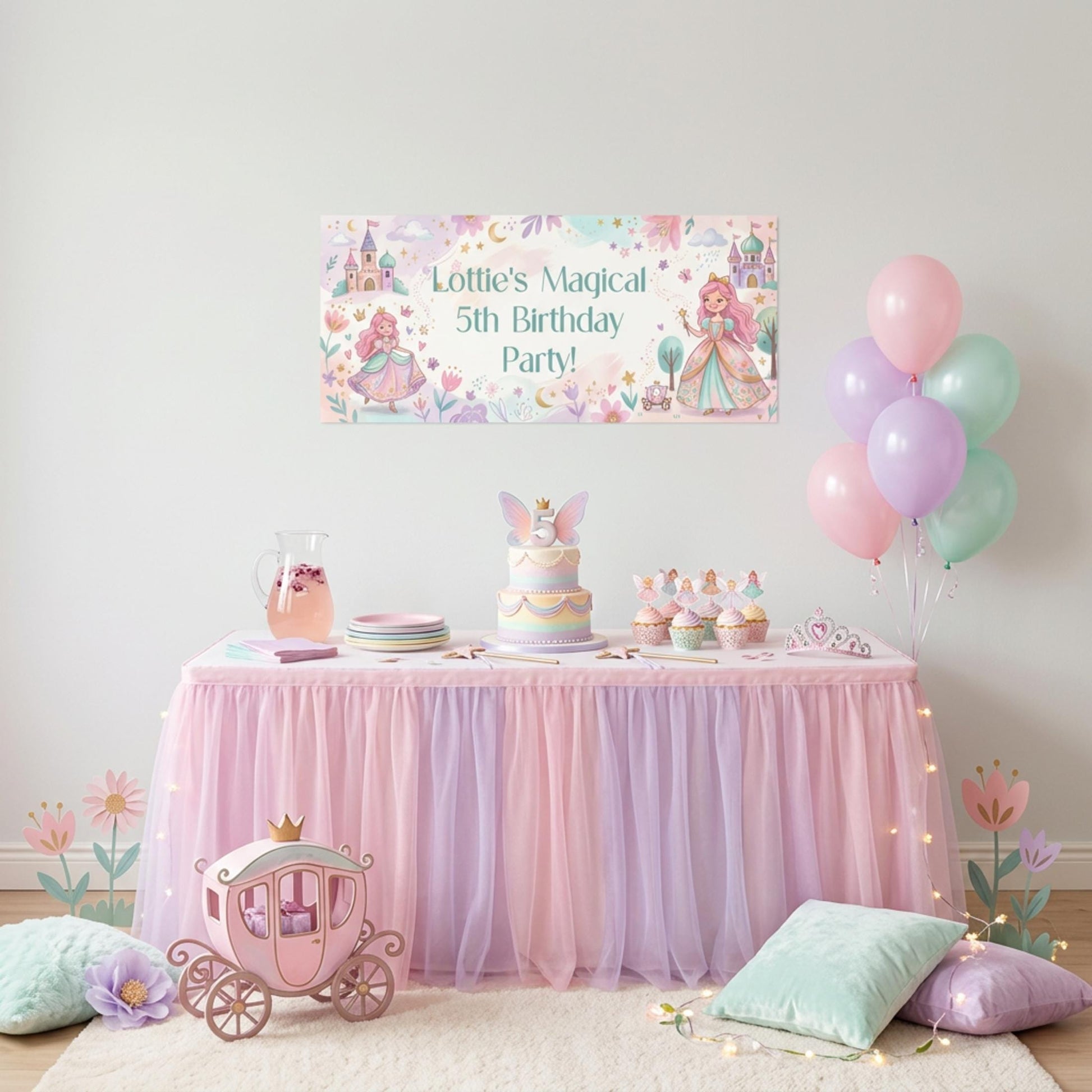 Personalised Pink Princess Birthday Banner, Fairytale Party Backdrop