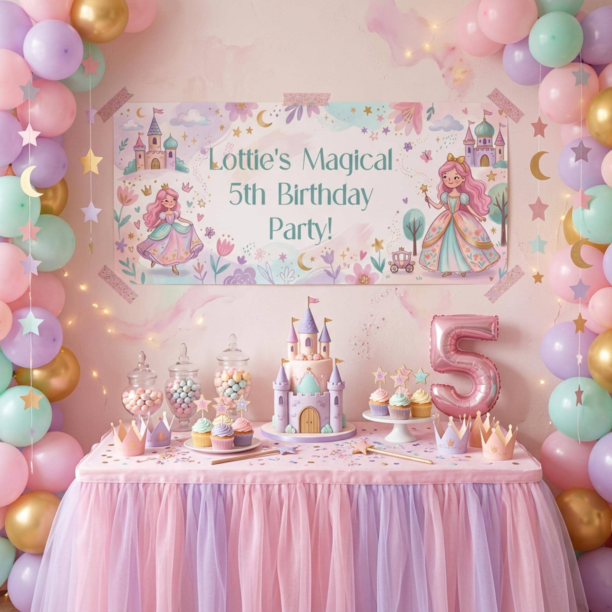 Personalised Pink Princess Birthday Banner, Fairytale Party Backdrop