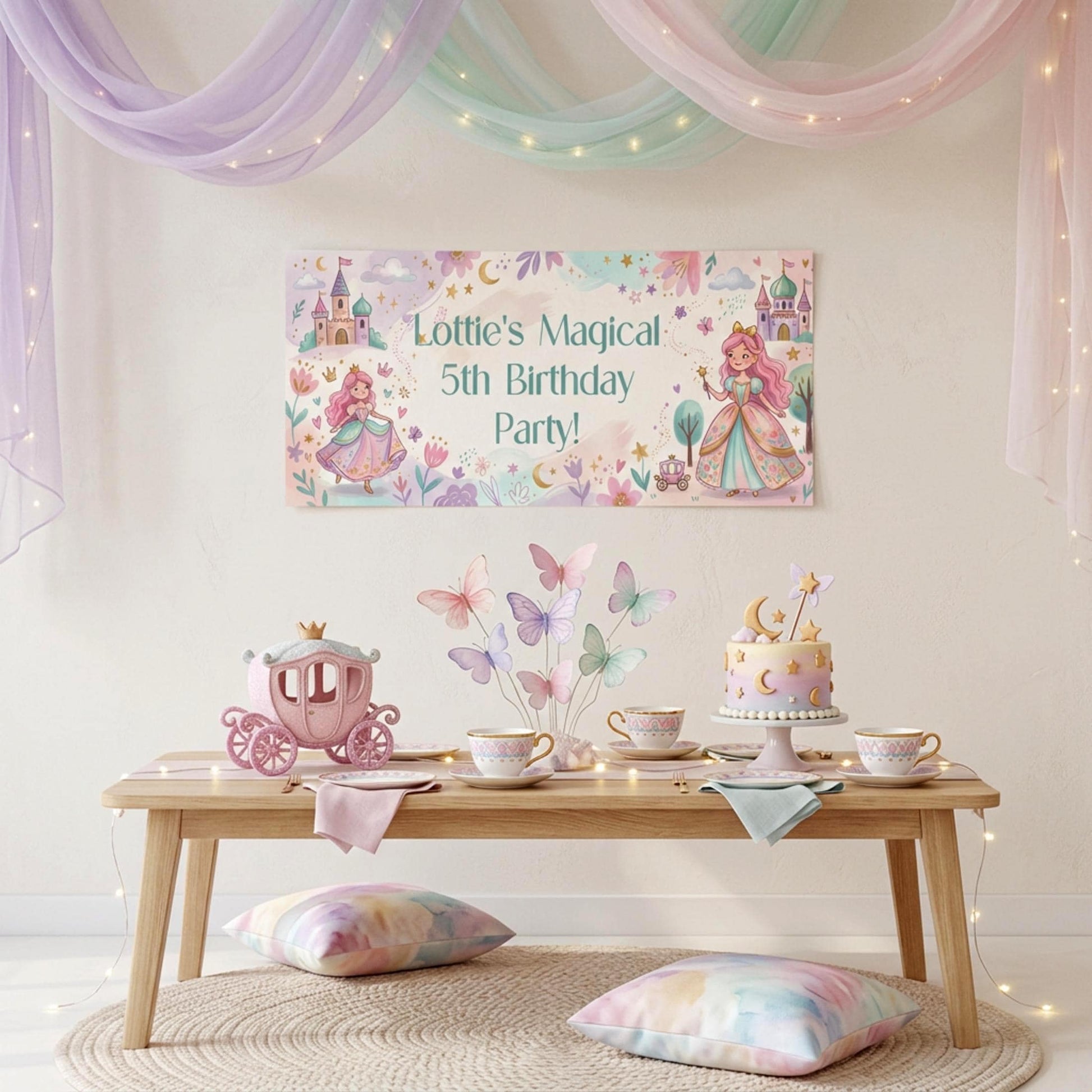 Personalised Pink Princess Birthday Banner, Fairytale Party Backdrop