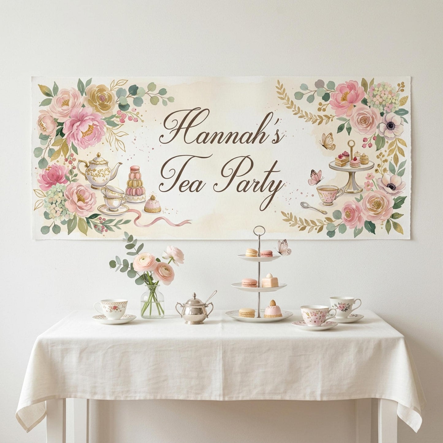 Personalised Tea Party Banner, Bridal Shower Backdrop, Floral Afternoon Tea Poster