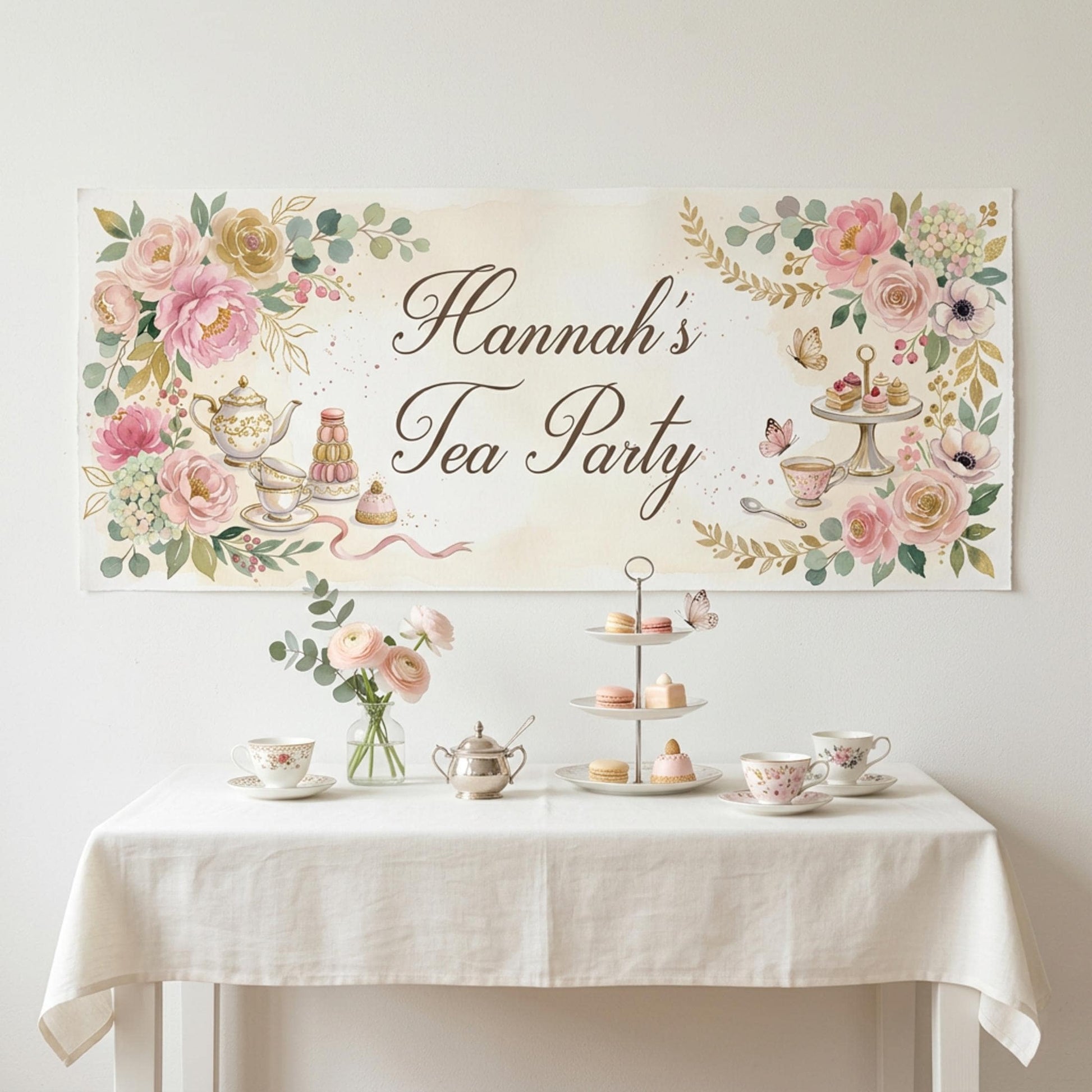 Personalised Tea Party Banner, Bridal Shower Backdrop, Floral Afternoon Tea Poster