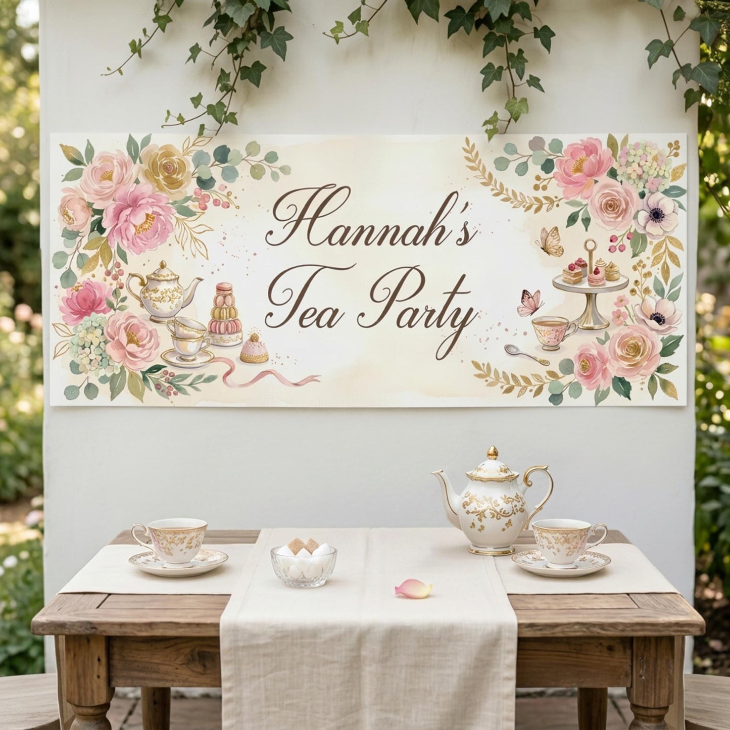 Personalised Tea Party Banner, Bridal Shower Backdrop, Floral Afternoon Tea Poster