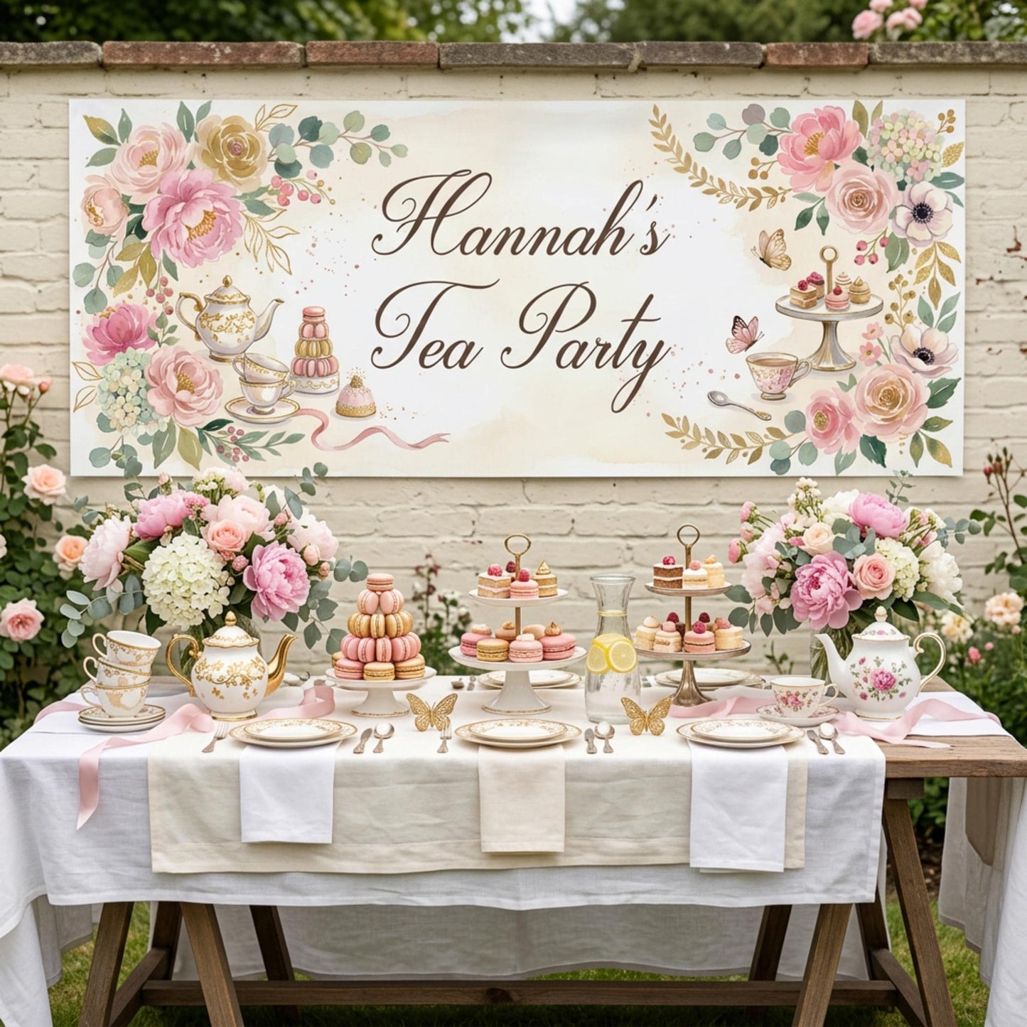 Personalised Tea Party Banner, Bridal Shower Backdrop, Floral Afternoon Tea Poster