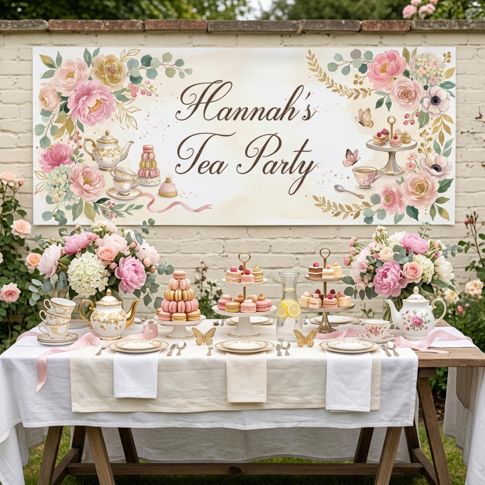 Personalised Tea Party Banner, Bridal Shower Backdrop, Floral Afternoon Tea Poster