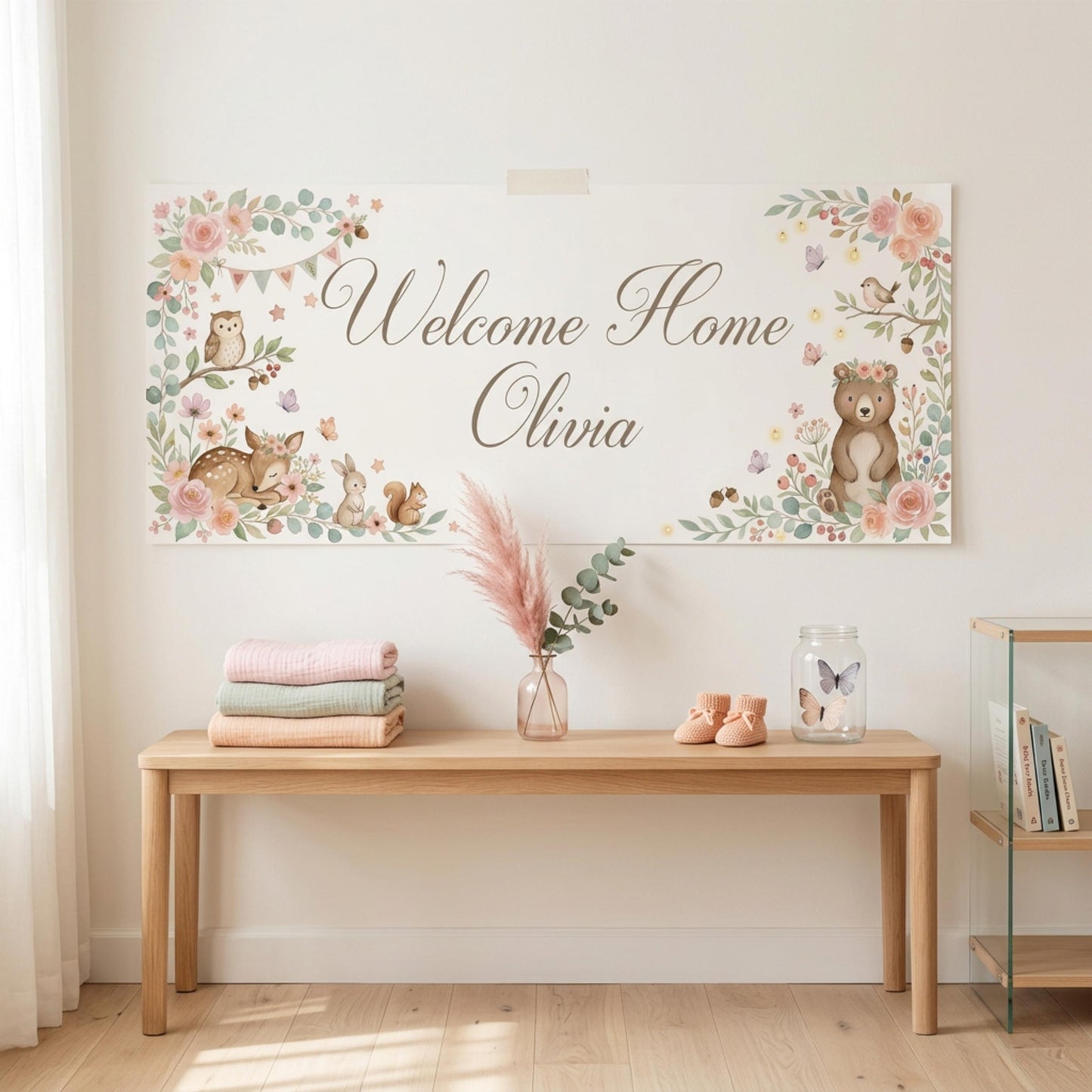Personalised Welcome Home Baby Banner, Baby Shower Backdrop, Birthday Christening Poster, Nursery Wall Sign