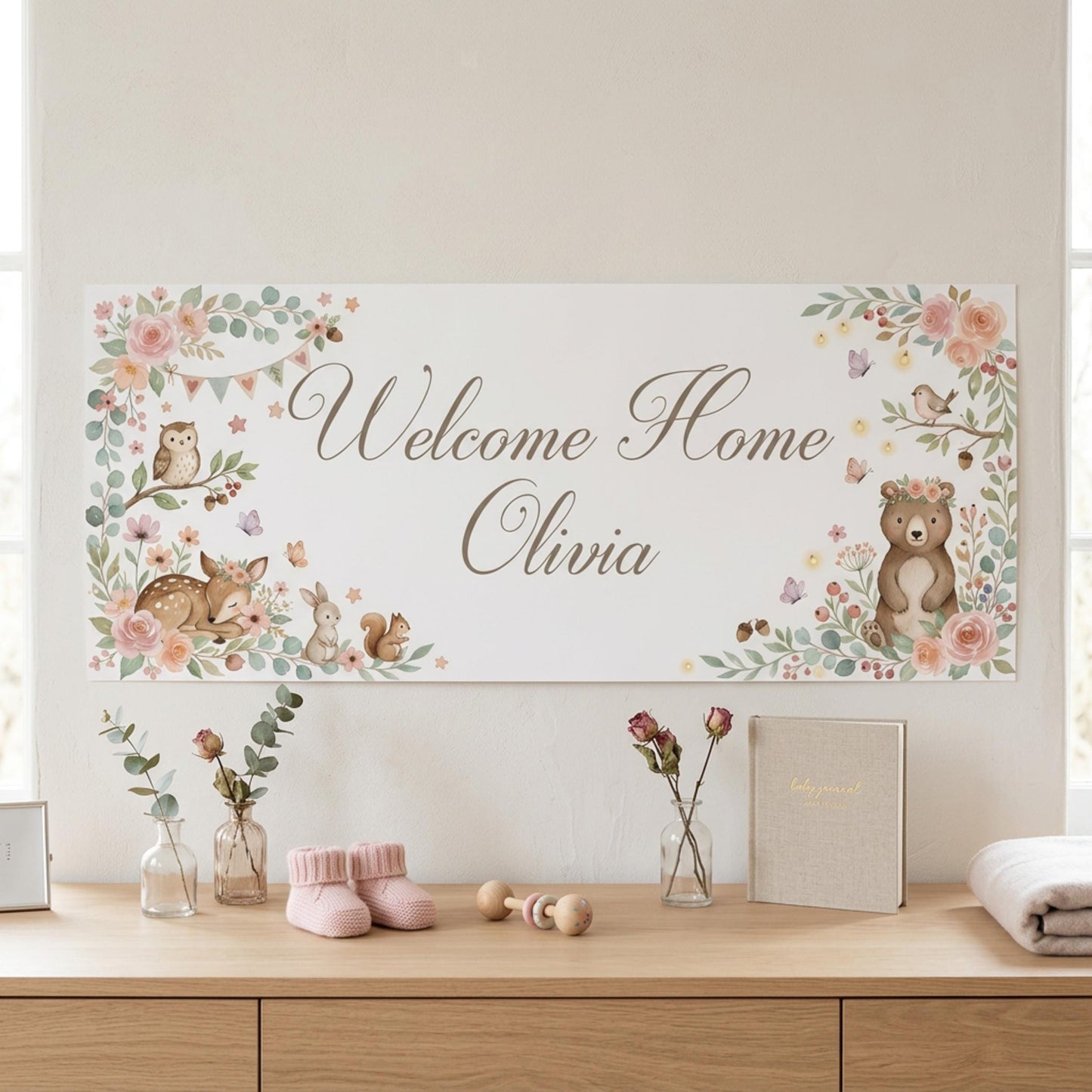 Personalised Welcome Home Baby Banner, Baby Shower Backdrop, Birthday Christening Poster, Nursery Wall Sign