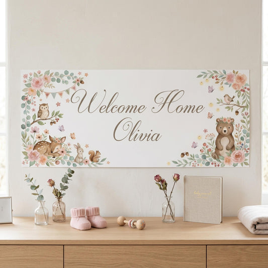 Personalised Welcome Home Baby Banner, Baby Shower Backdrop, Birthday Christening Poster, Nursery Wall Sign