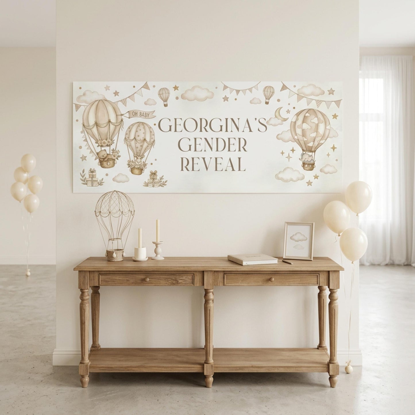 Personalised Beige Gender Reveal Banner, Hot Air Balloon Party Backdrop, Neutral Wall Sign