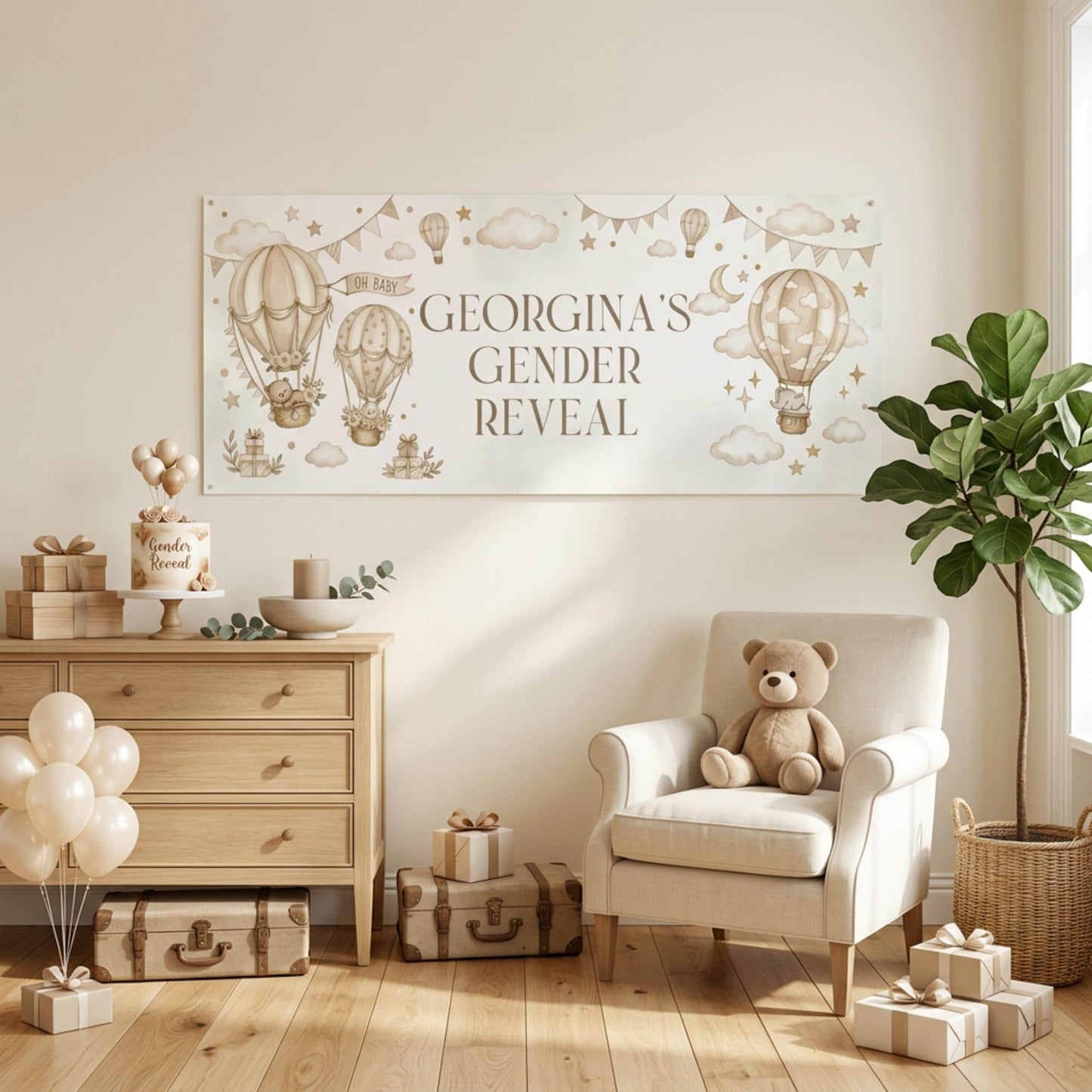 Personalised Beige Gender Reveal Banner, Hot Air Balloon Party Backdrop, Neutral Wall Sign