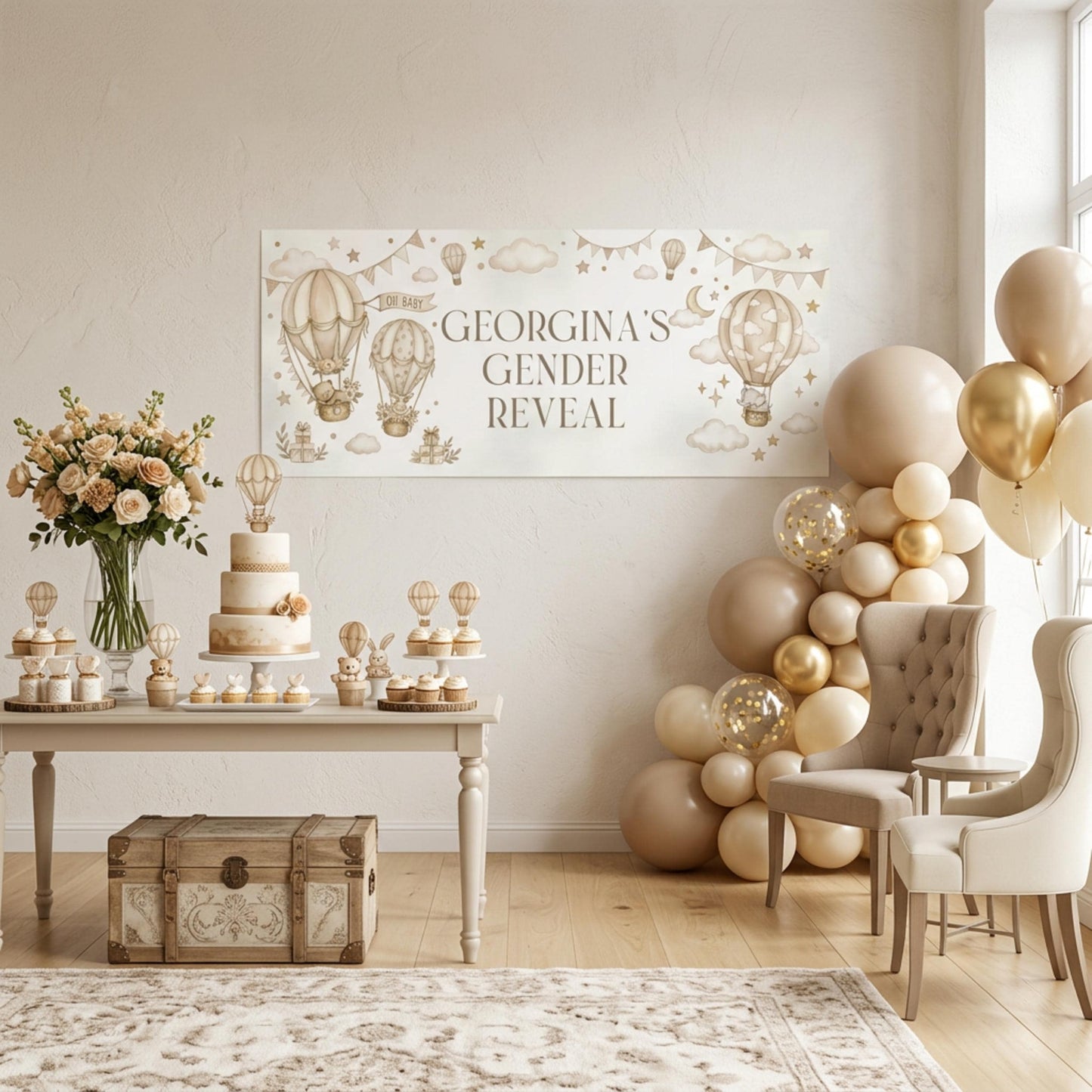Personalised Beige Gender Reveal Banner, Hot Air Balloon Party Backdrop, Neutral Wall Sign
