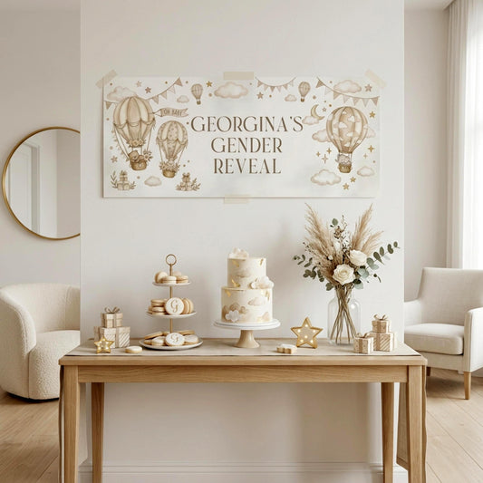 Personalised Beige Gender Reveal Banner, Hot Air Balloon Party Backdrop, Neutral Wall Sign