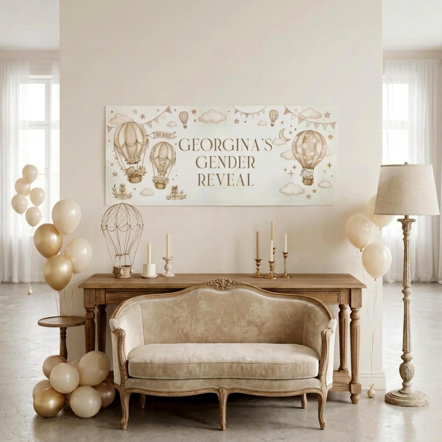 Personalised Beige Gender Reveal Banner, Hot Air Balloon Party Backdrop, Neutral Wall Sign
