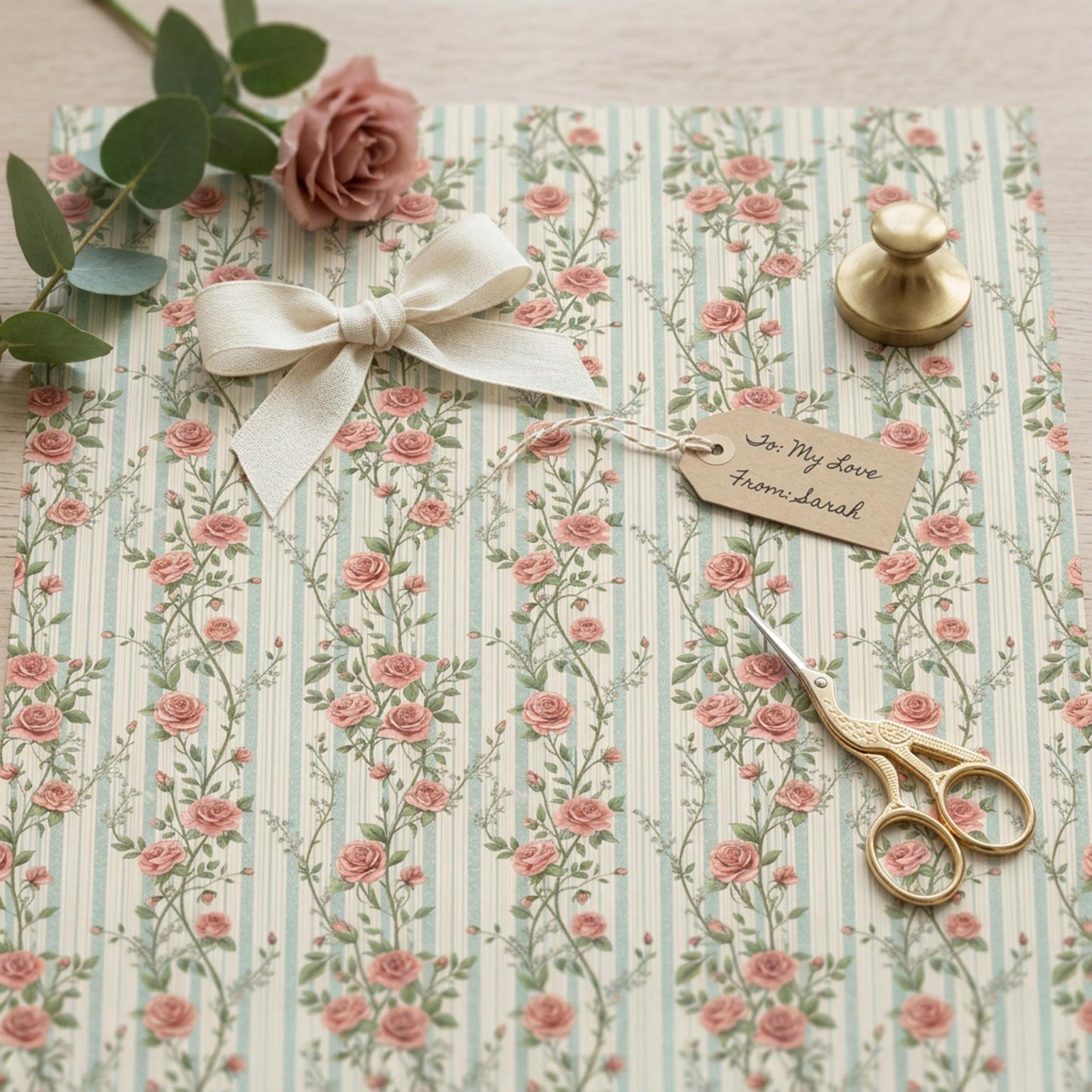 Vintage Rose Striped Wrapping Paper, Rosebuds Gift Wrap Sheet, Large Size