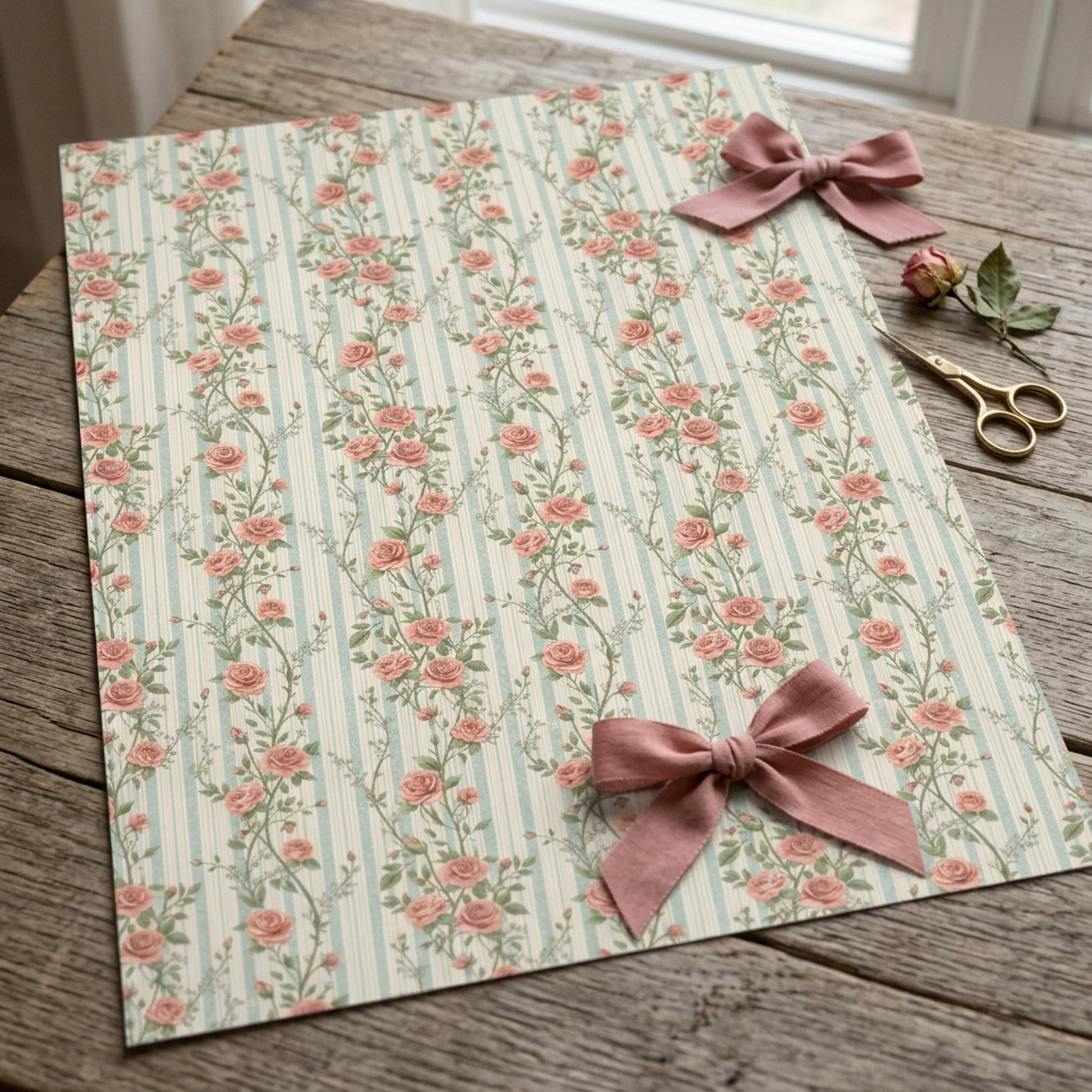 Vintage Rose Striped Wrapping Paper, Rosebuds Gift Wrap Sheet, Large Size