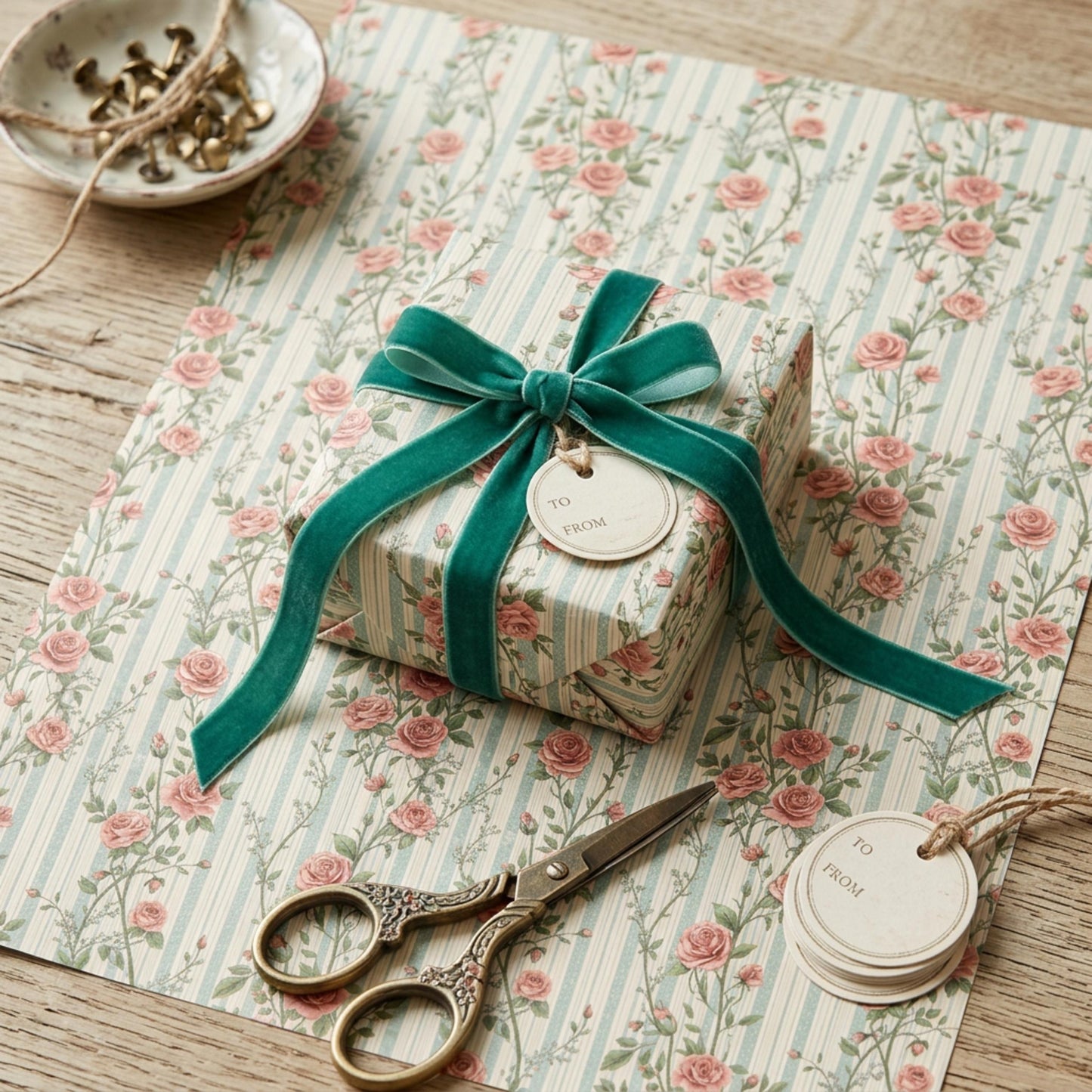 Vintage Rose Striped Wrapping Paper, Rosebuds Gift Wrap Sheet, Large Size