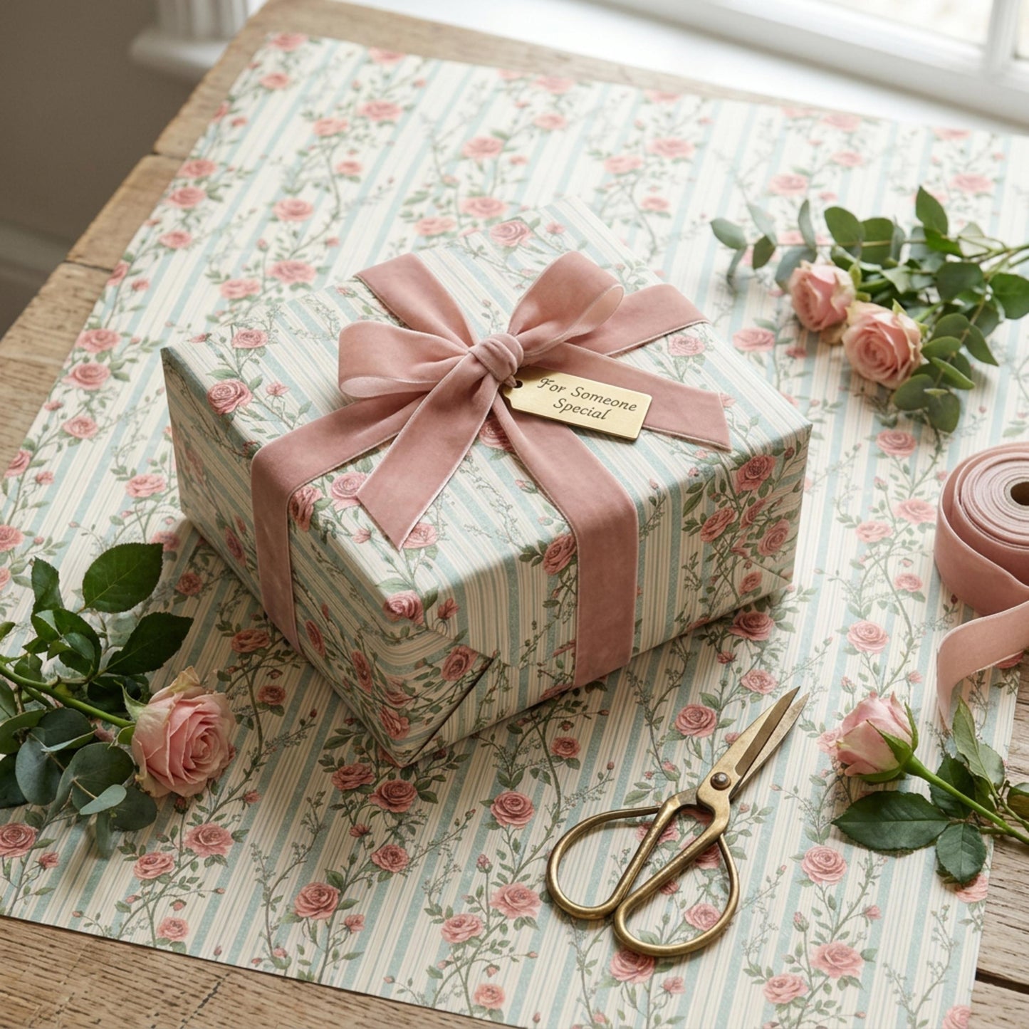 Vintage Rose Striped Wrapping Paper, Rosebuds Gift Wrap Sheet, Large Size