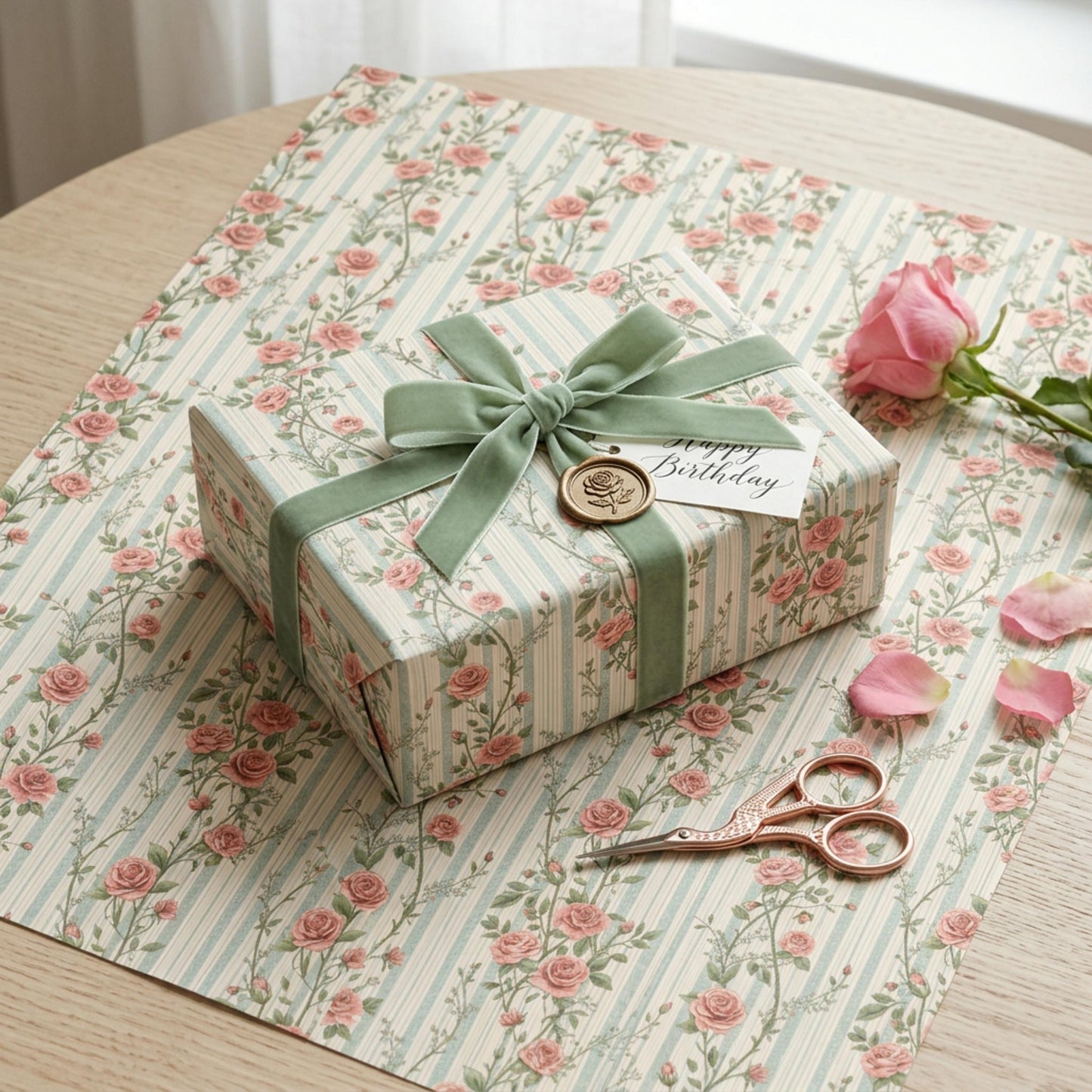 Vintage Rose Striped Wrapping Paper, Rosebuds Gift Wrap Sheet, Large Size