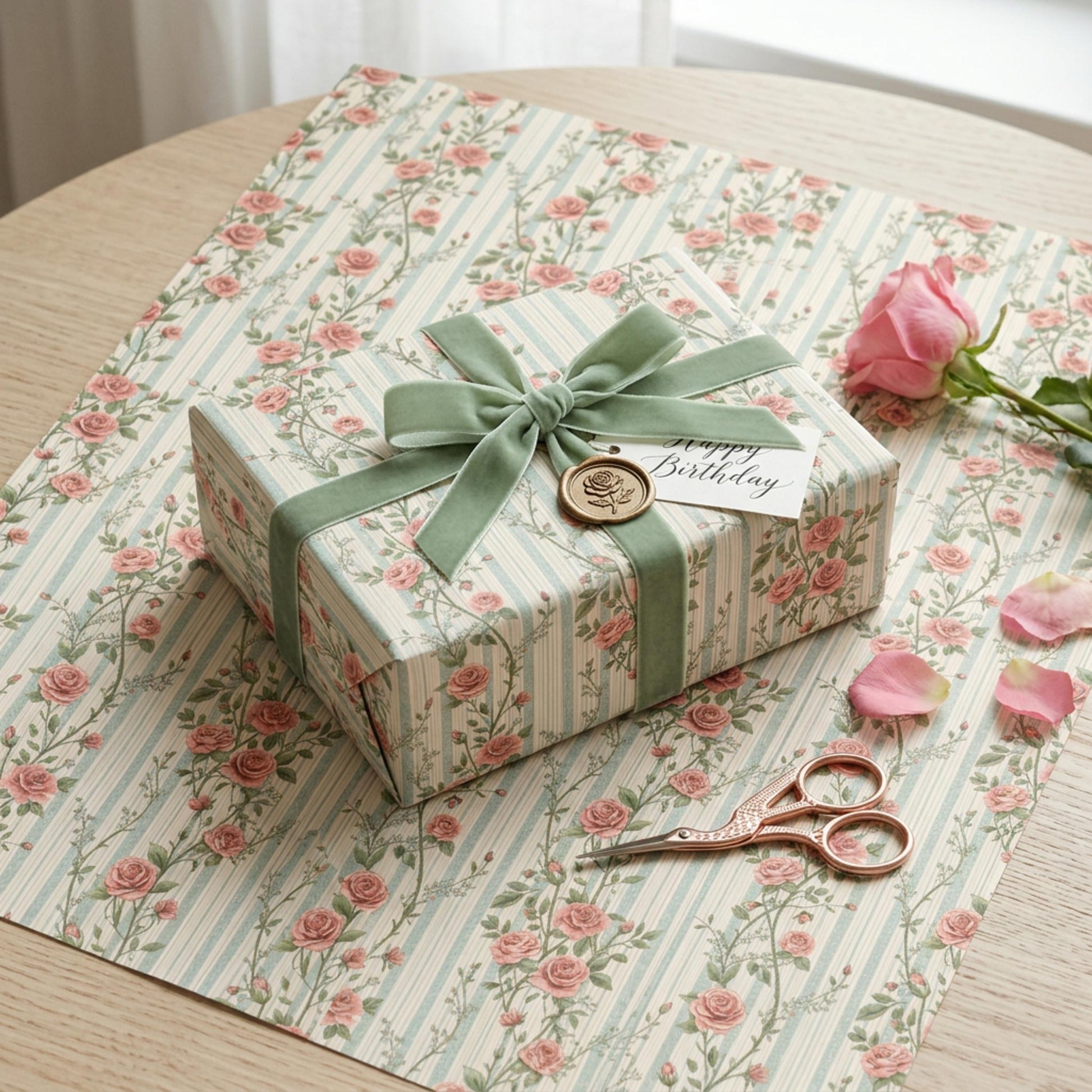 Vintage Rose Striped Wrapping Paper, Rosebuds Gift Wrap Sheet, Large Size