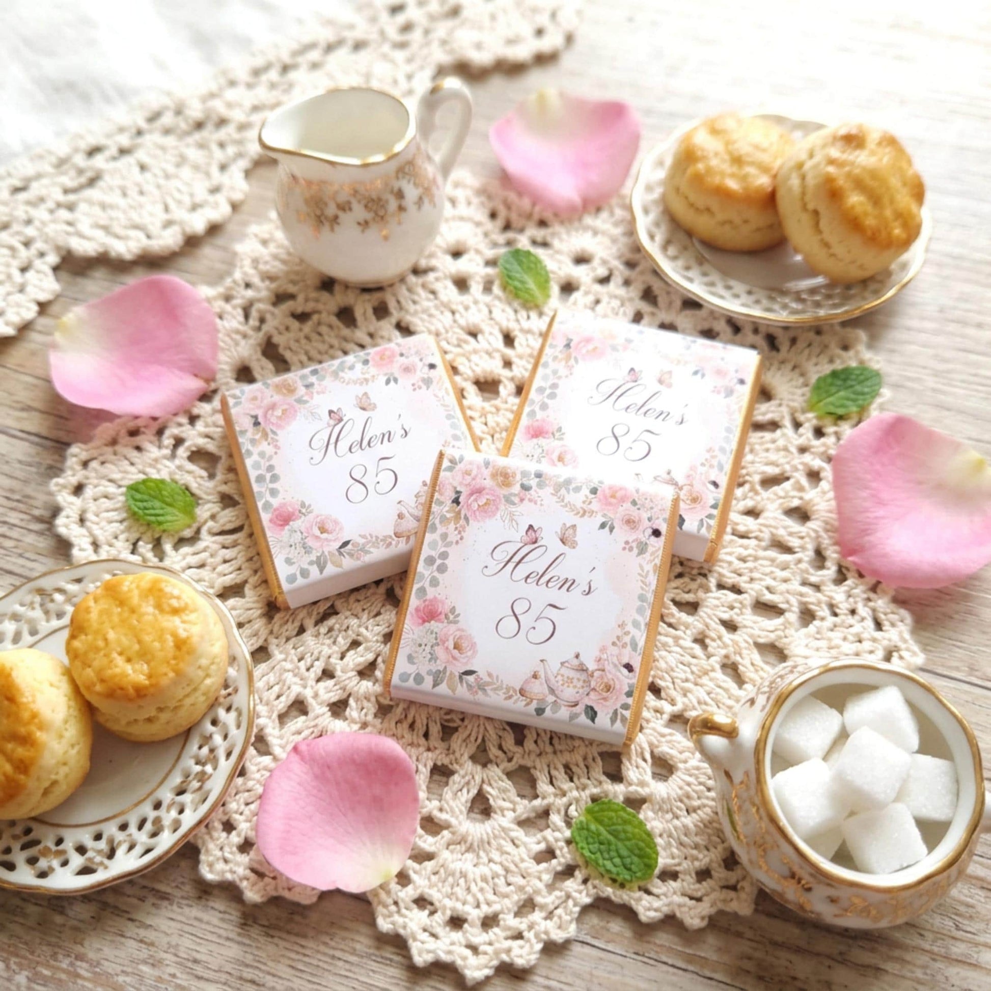 Personalised Vintage Tea Party Chocolate Favours - 80th Birthday Table Decor