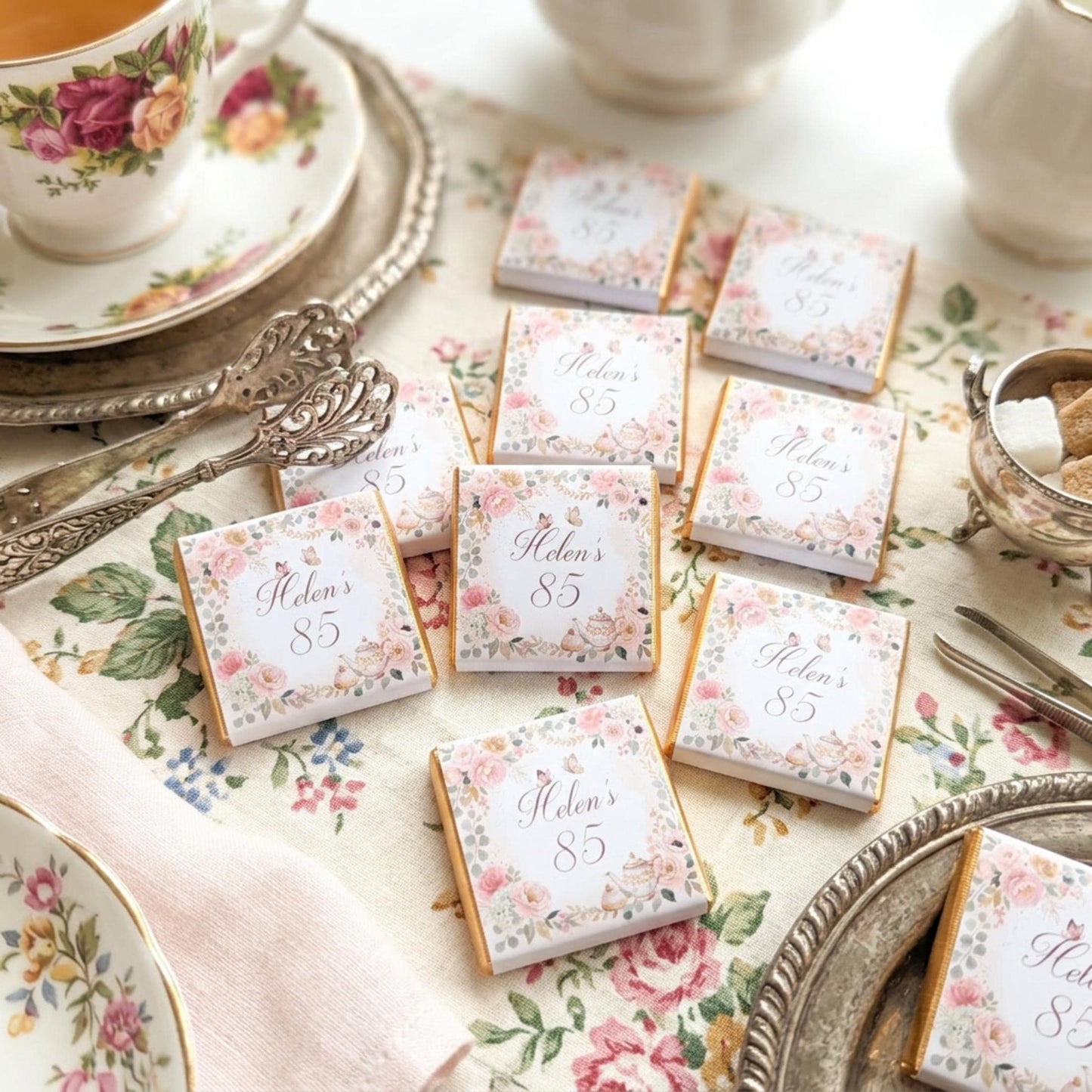 Personalised Vintage Tea Party Chocolate Favours - 80th Birthday Table Decor